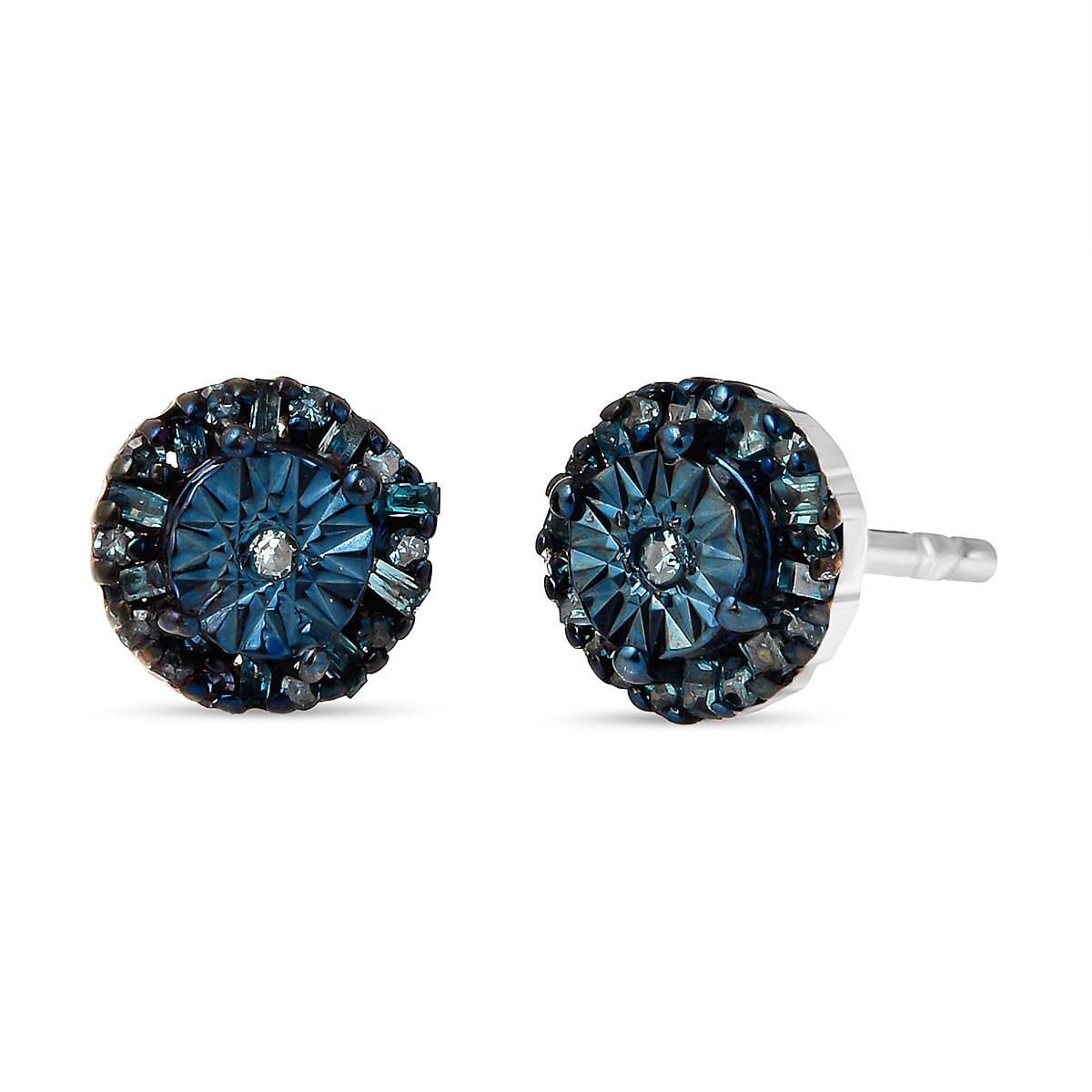 Blue Diamond  Solitaire Stud Push Post Earring in Platinum Overlay Sterling Silver 0.15 ct  0.148  Ct.