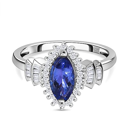 Tanzanite and Diamond Ring in Platinum Overlay Sterling Silver