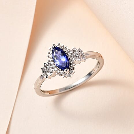 Tanzanite and Diamond Ring in Platinum Overlay Sterling Silver 0.93 Ct.