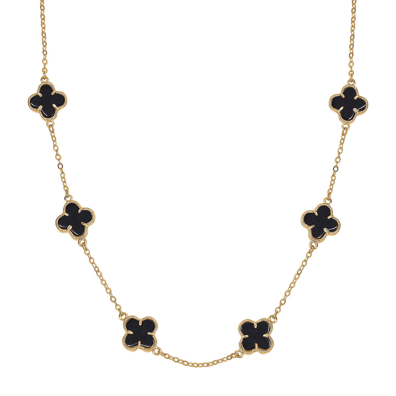 One Time Closeout - Designer Inspired Black Agate Clover Motifs Necklace (Size - 20) in Yellow Gold Tone