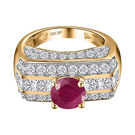 GP Art Deco Collection - Ruby (FF) & Moissanite Ring in 18K Vermeil YG Plated Sterling Silver 3.96 Ct, Silver Wt. 7.76 Gms GP Art Deco Collection - Ruby (FF) & Moissanite Ring in 18K Vermeil YG Plated Sterling Silver 3.96 Ct, Silver Wt. 7.76 Gms