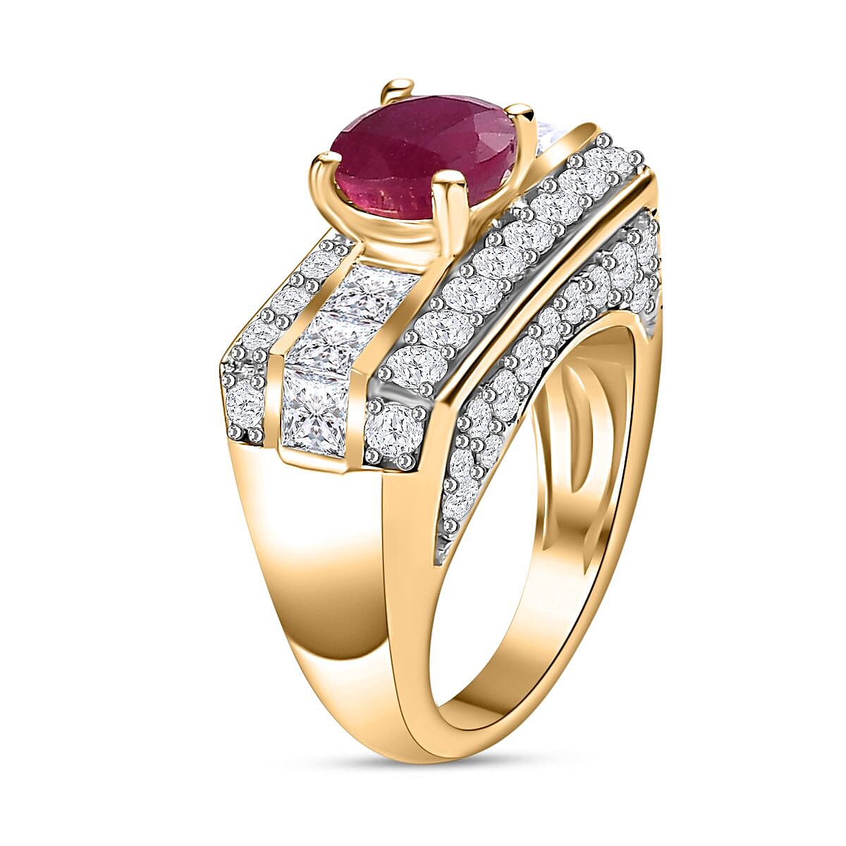 GP Art Deco Collection - Ruby & Moissanite Ring in 18K Vermeil YG Plated Sterling Silver 3.96 Ct, Silver Wt. 7.76 Gms