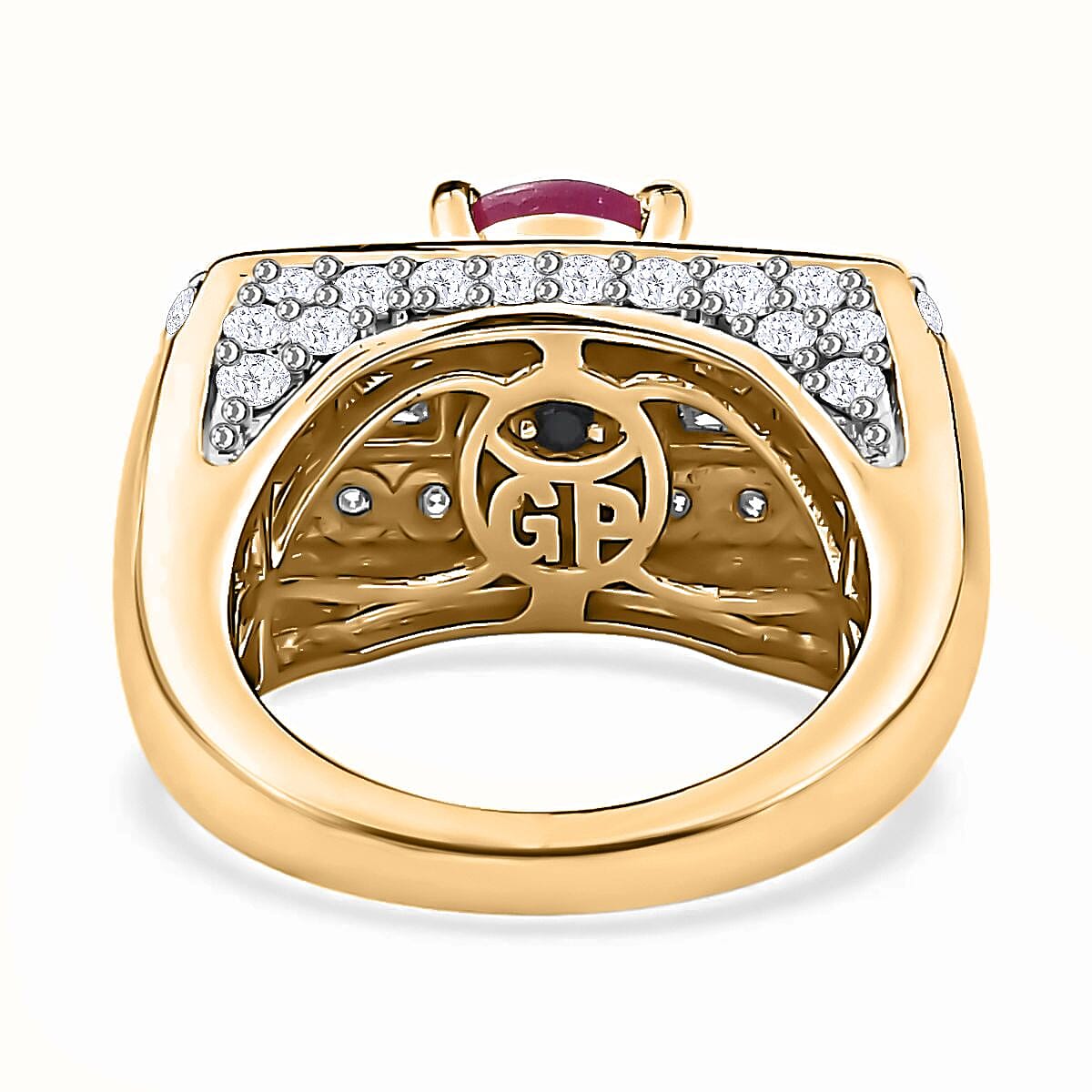 GP Art Deco Collection - Ruby & Moissanite Ring in 18K Vermeil YG Plated Sterling Silver 3.96 Ct, Silver Wt. 7.76 Gms