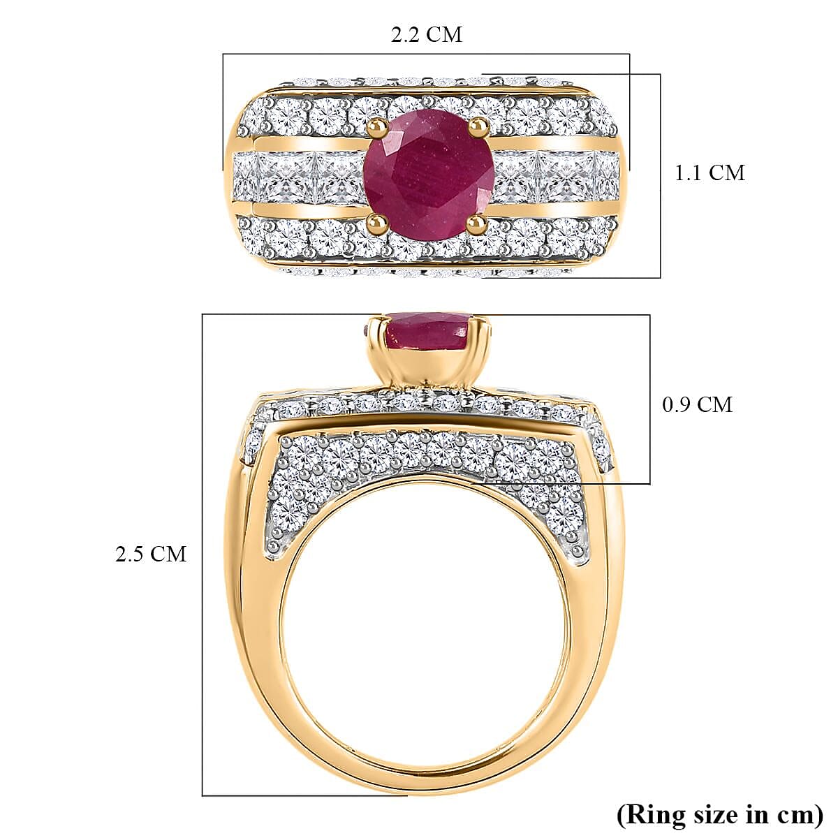 GP Art Deco Collection - Ruby & Moissanite Ring in 18K Vermeil YG Plated Sterling Silver 3.96 Ct, Silver Wt. 7.76 Gms