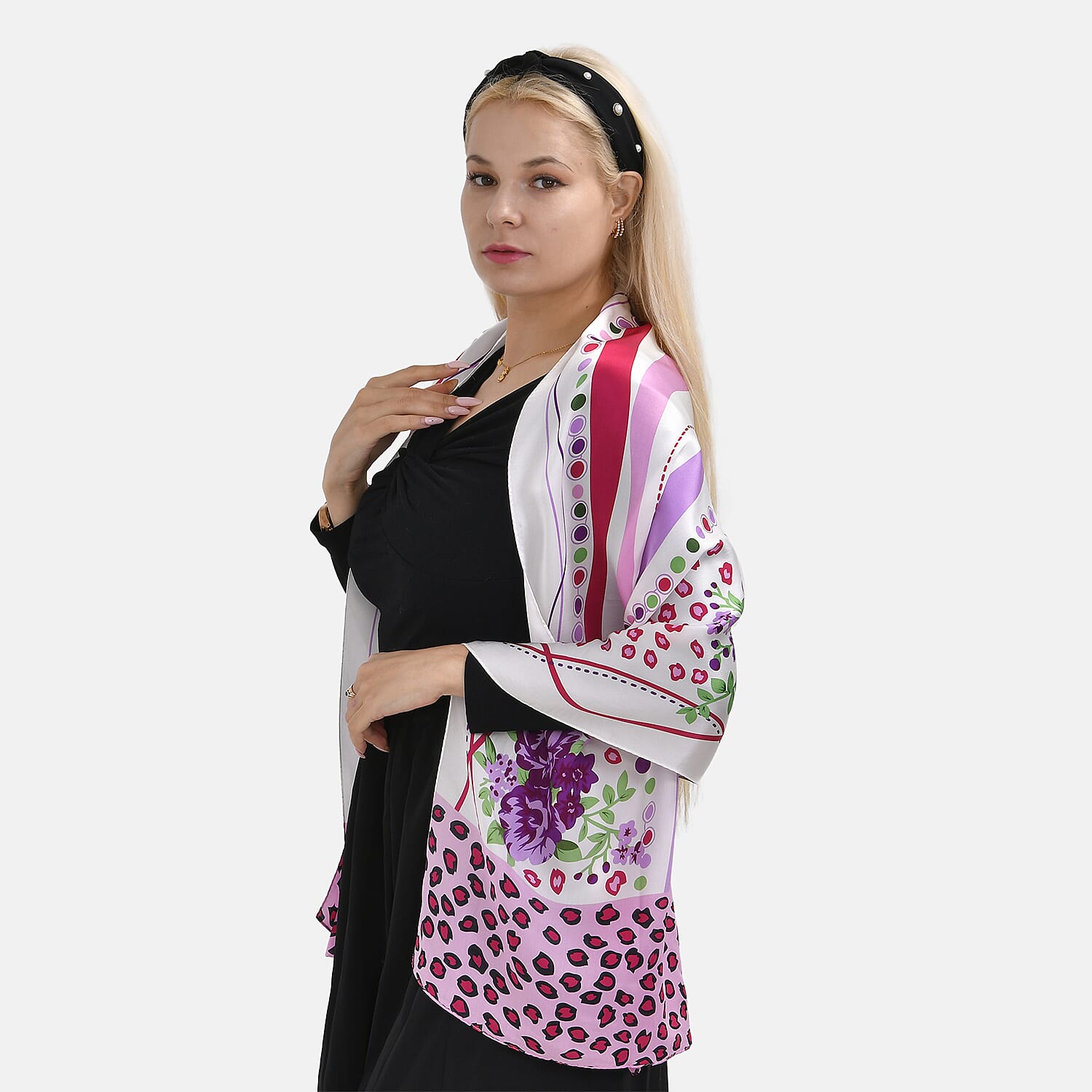 LA MAREY 100% Silk Floral Pattern Scarf (Size 178x53 cm) - Pink - White