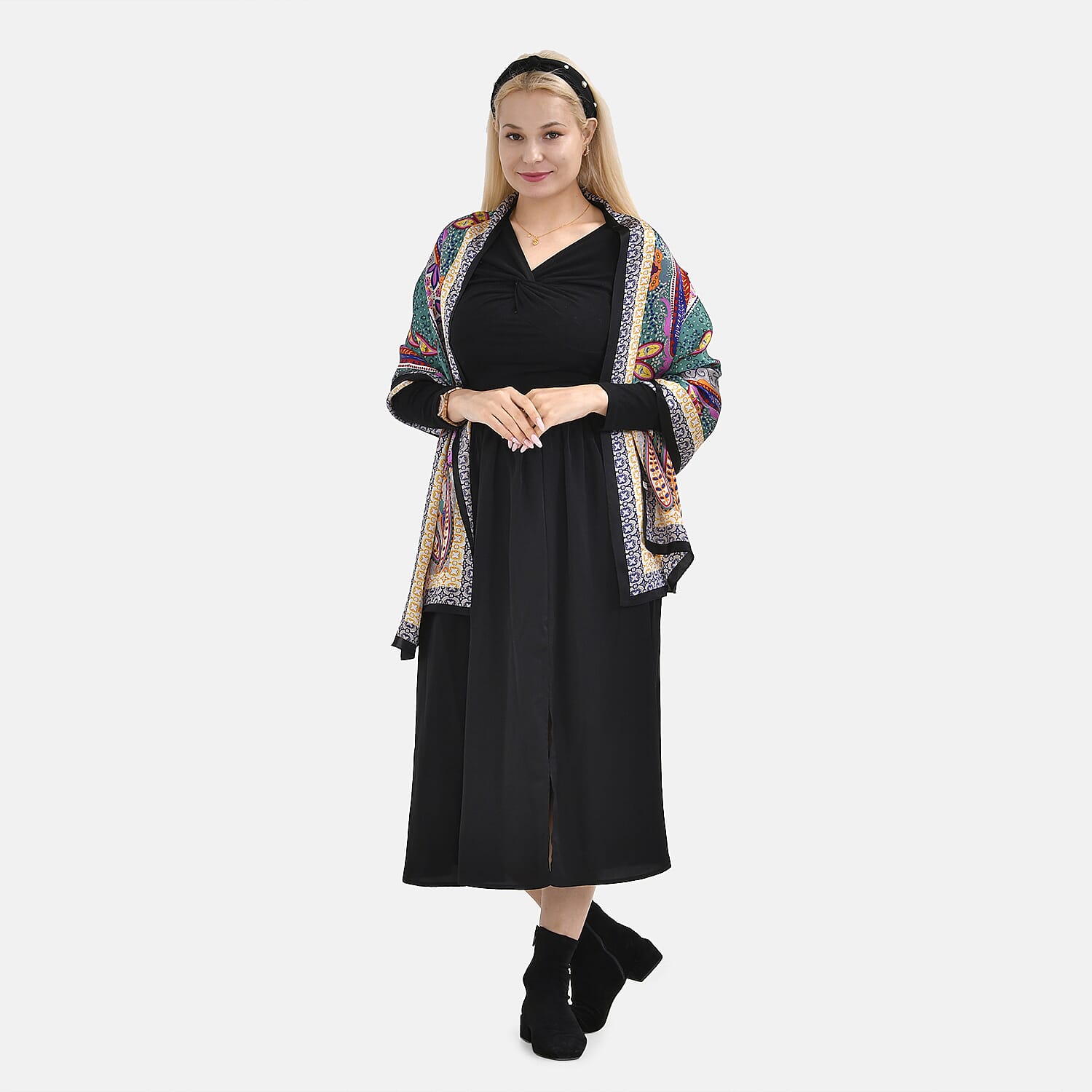 La Marey 100% Mulberry Silk Printed Scarf (Size 175x55 cm) - Green & Purple