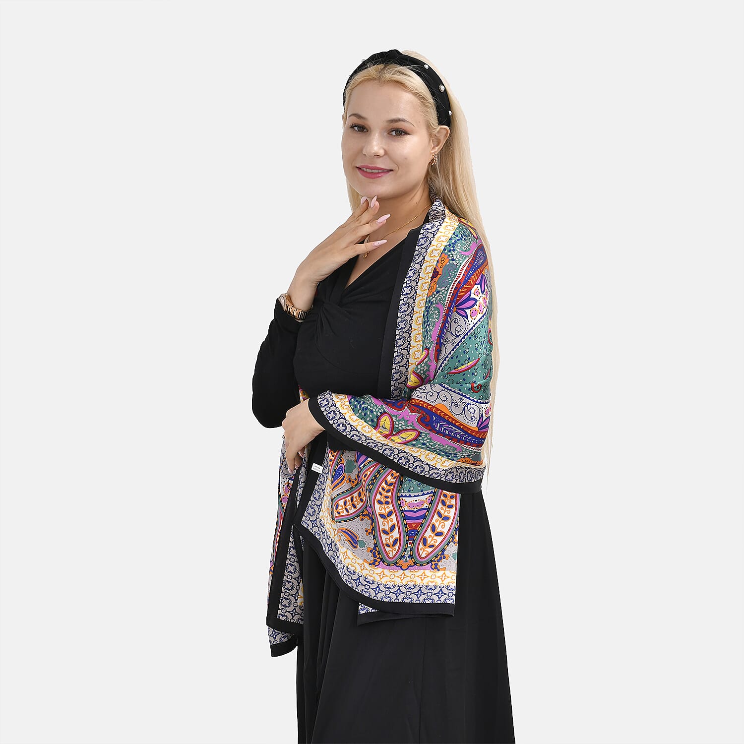 La Marey 100% Mulberry Silk Printed Scarf (Size 175x55 cm) - Green & Purple