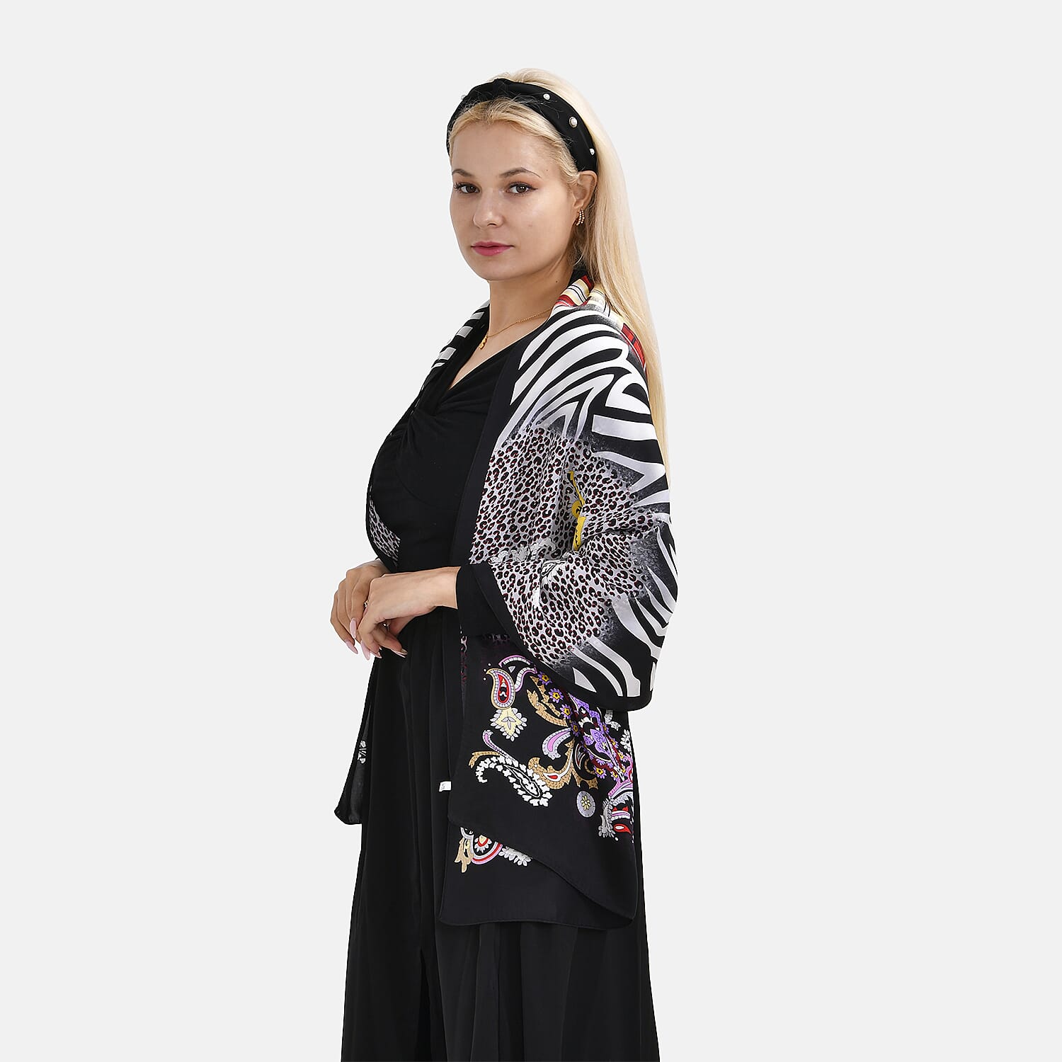 La Marey 100% Mulberry Silk Printed Scarf (Size 175x55 cm) - Black - Purple