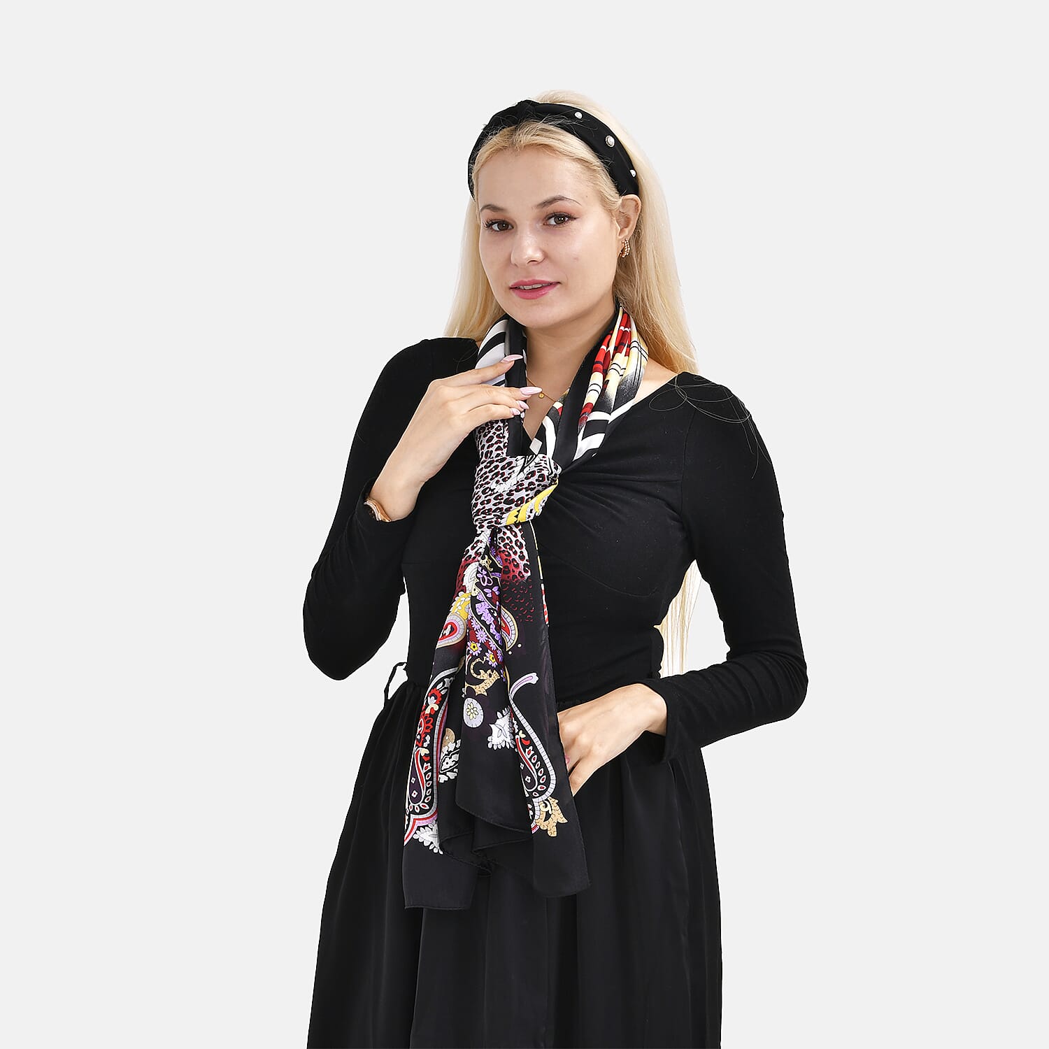 La Marey 100% Mulberry Silk Printed Scarf (Size 175x55 cm) - Black - Purple