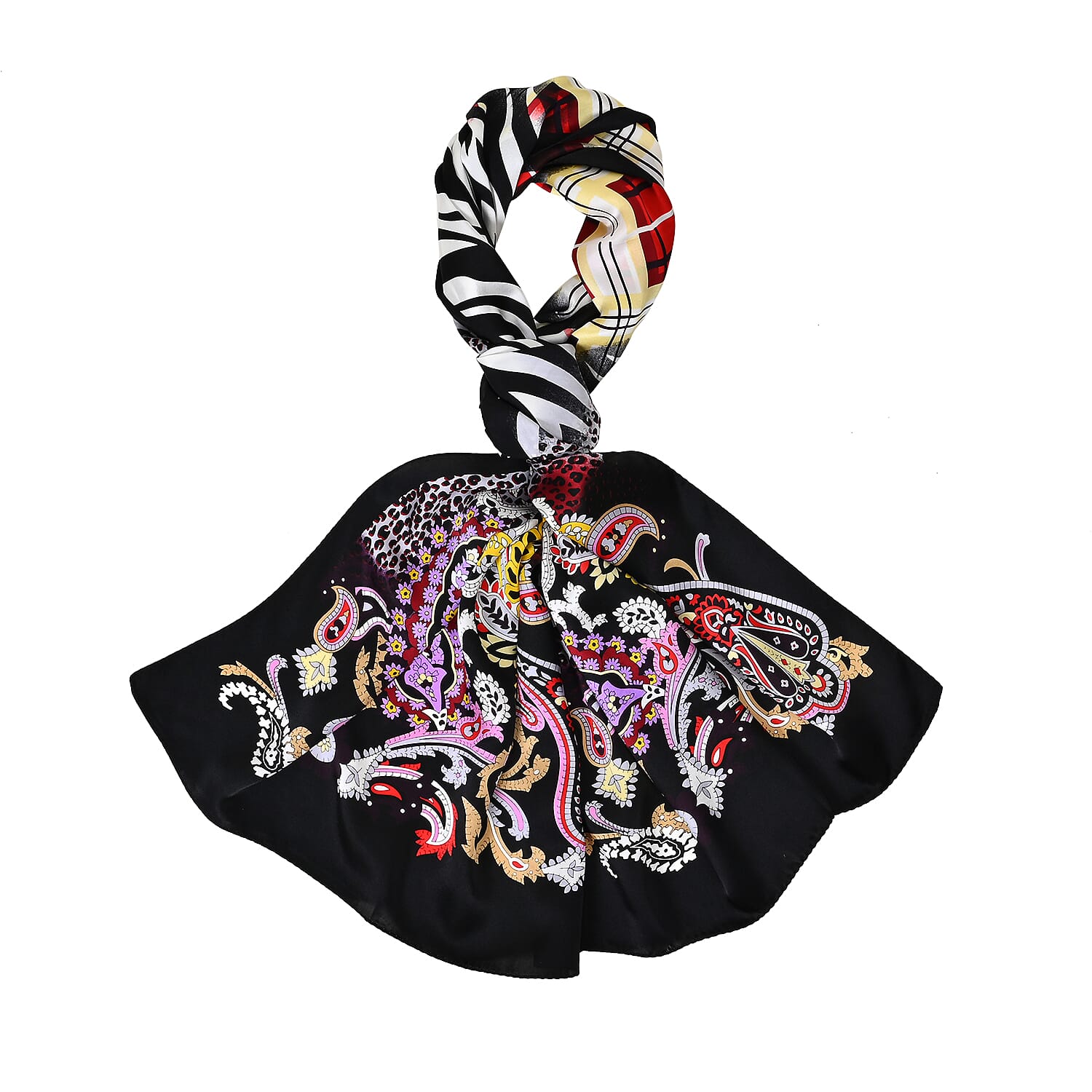 La Marey 100% Mulberry Silk Printed Scarf (Size 175x55 cm) - Black - Purple