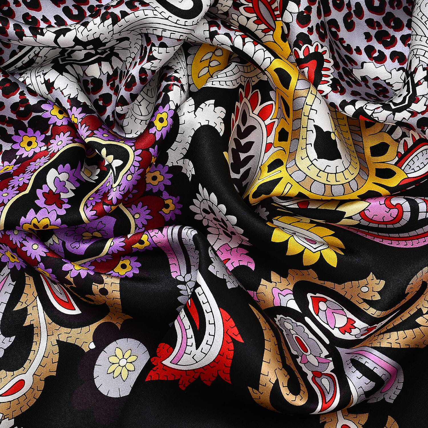 La Marey 100% Mulberry Silk Printed Scarf (Size 175x55 cm) - Black - Purple