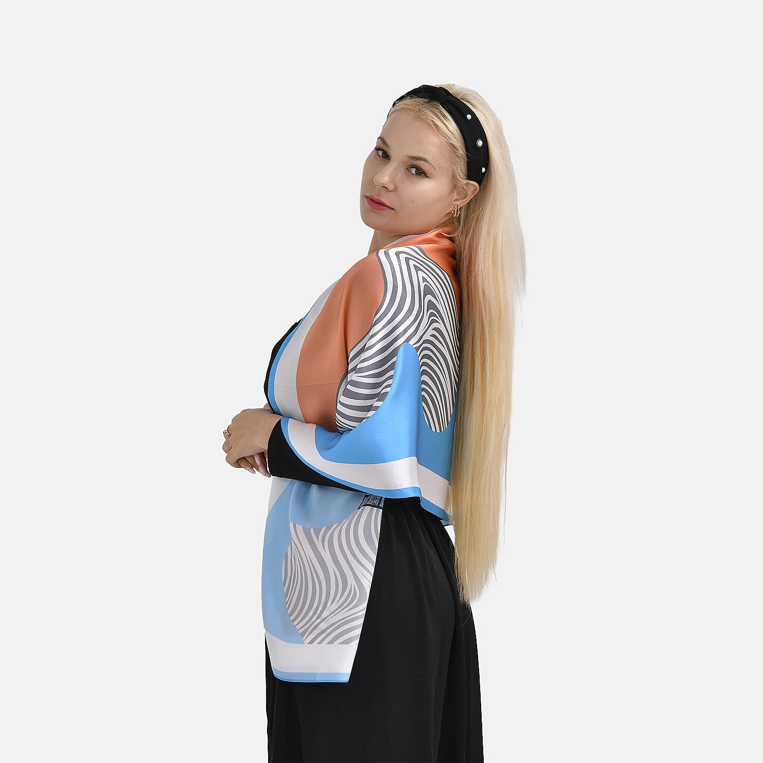 La Marey 100% Mulberry Silk Printed Scarf (Size 175x55 cm) - Blue & White