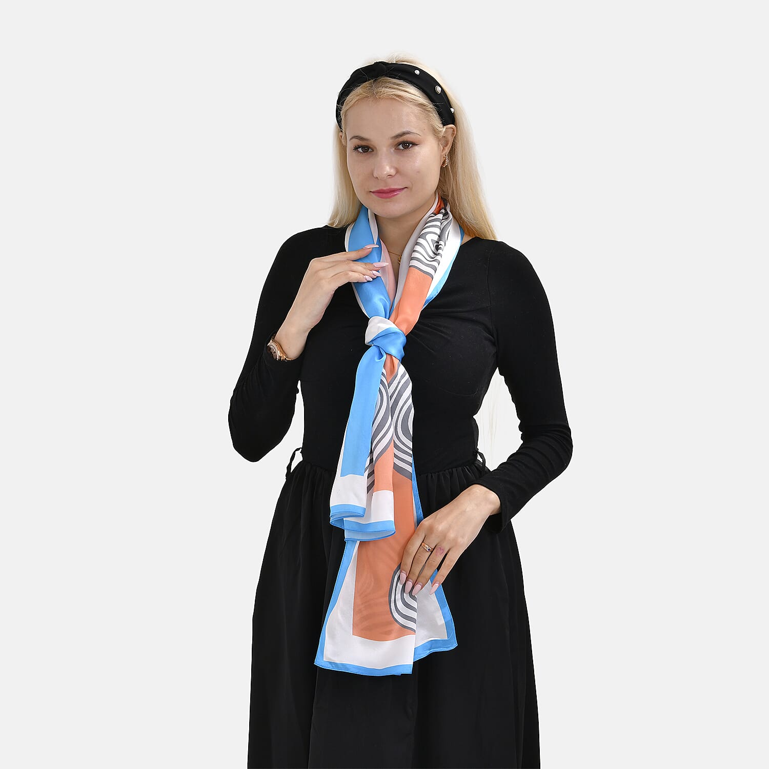 La Marey 100% Mulberry Silk Printed Scarf (Size 175x55 cm) - Blue & White