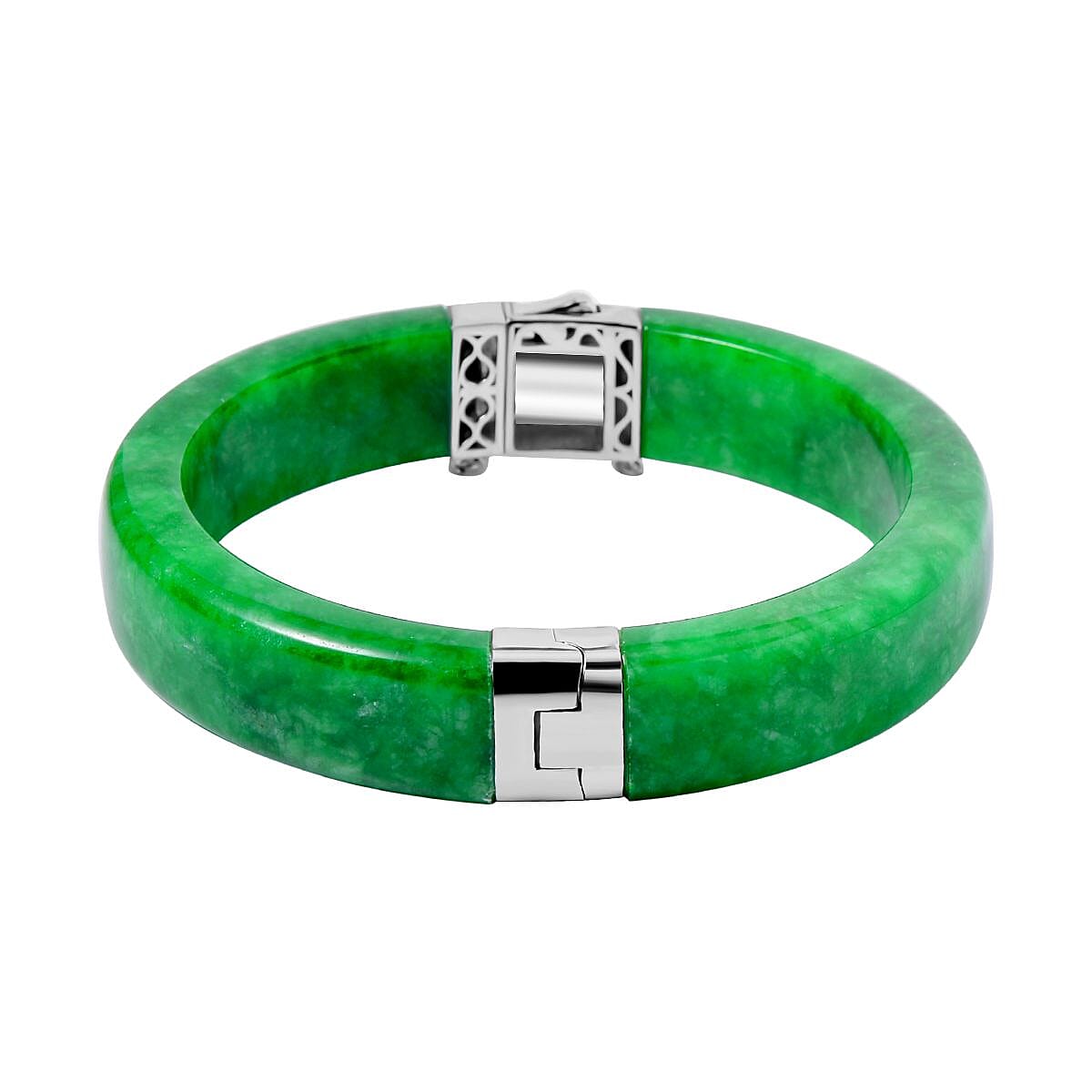 Designer Inspired - Green Jade Bangle (Size 7.5) in Rhodium Overlay Sterling Silver 270.00 Ct.
