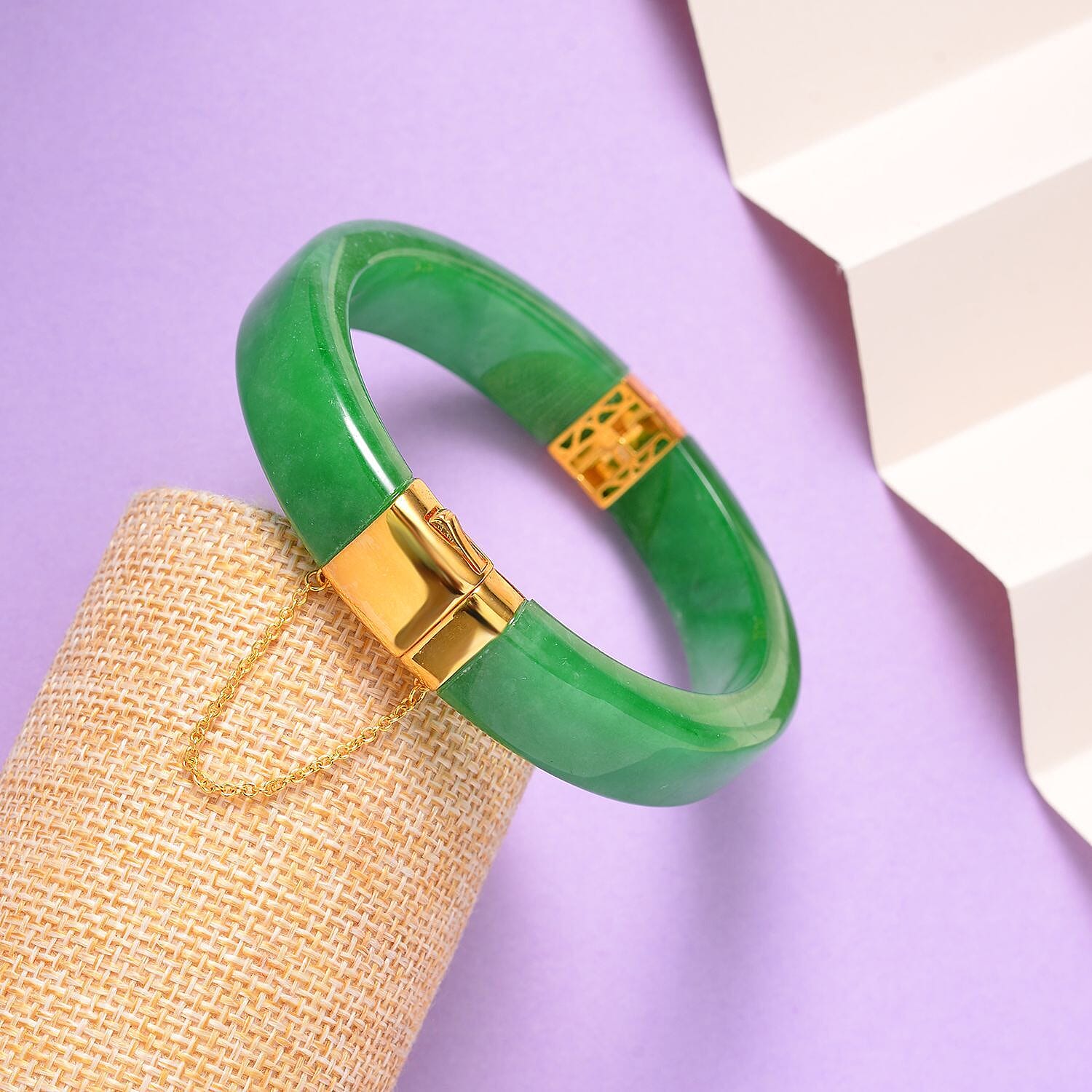 Designer Inspired - Green Jade Bangle (Size 7.5) in 18K Yellow Gold Vermeil Plated Sterling Silver 270.00 Ct