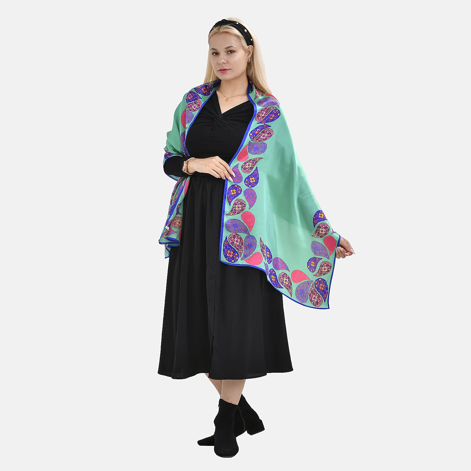 La Marey 100% Mulberry Silk Printed Scarf (Size 175x55 cm) - Green & Pink