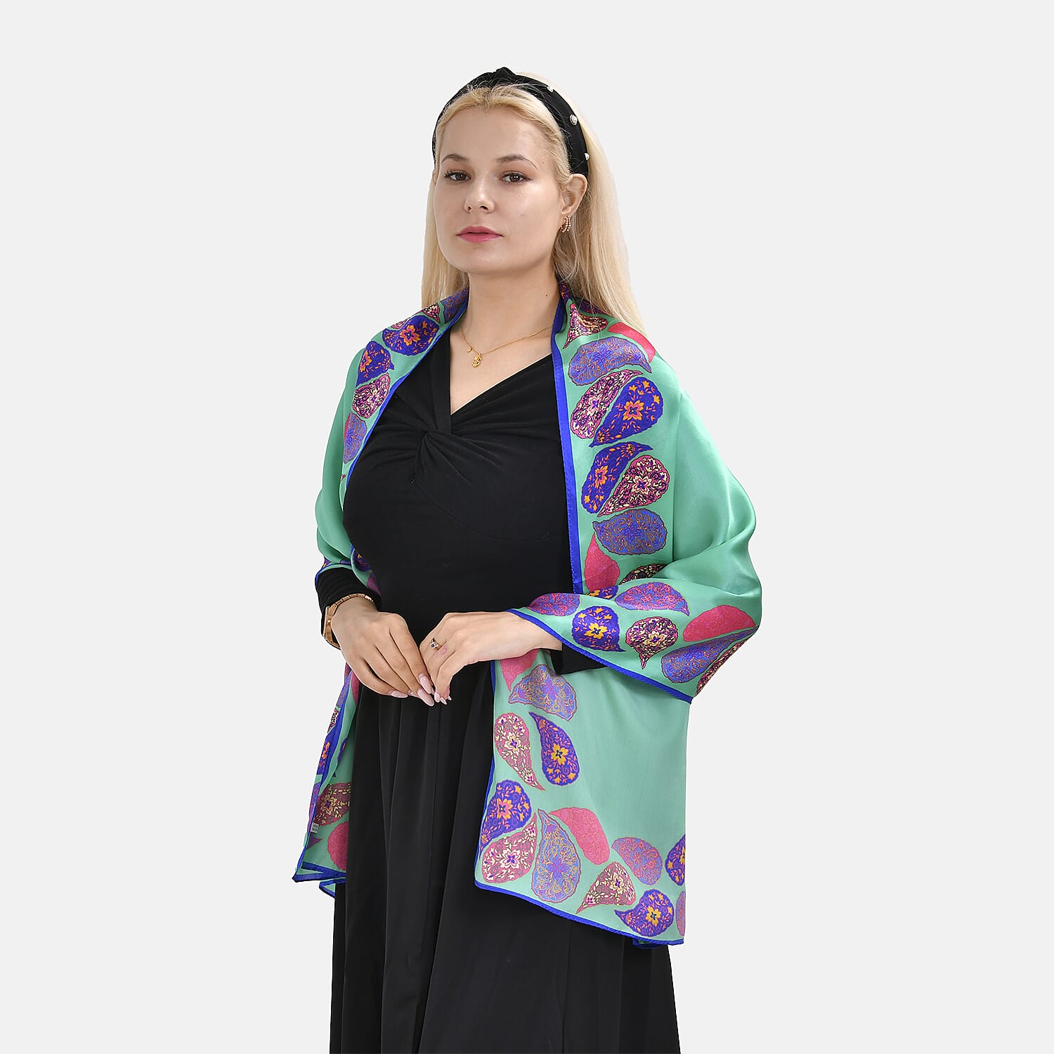 La Marey 100% Mulberry Silk Printed Scarf (Size 175x55 cm) - Green & Pink