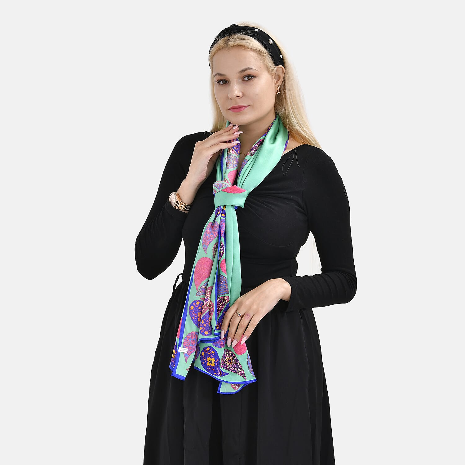 La Marey 100% Mulberry Silk Printed Scarf (Size 175x55 cm) - Green & Pink