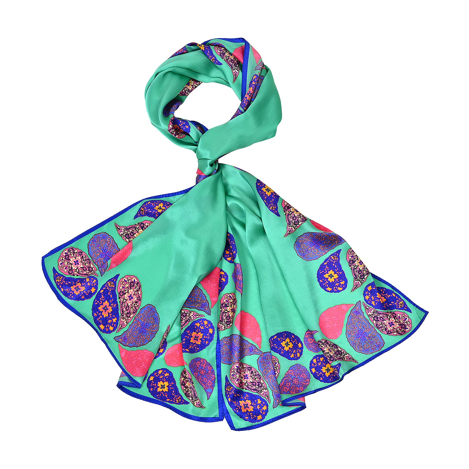 La Marey 100% Mulberry Silk Printed Scarf (Size 175x55 cm) - Green & Pink