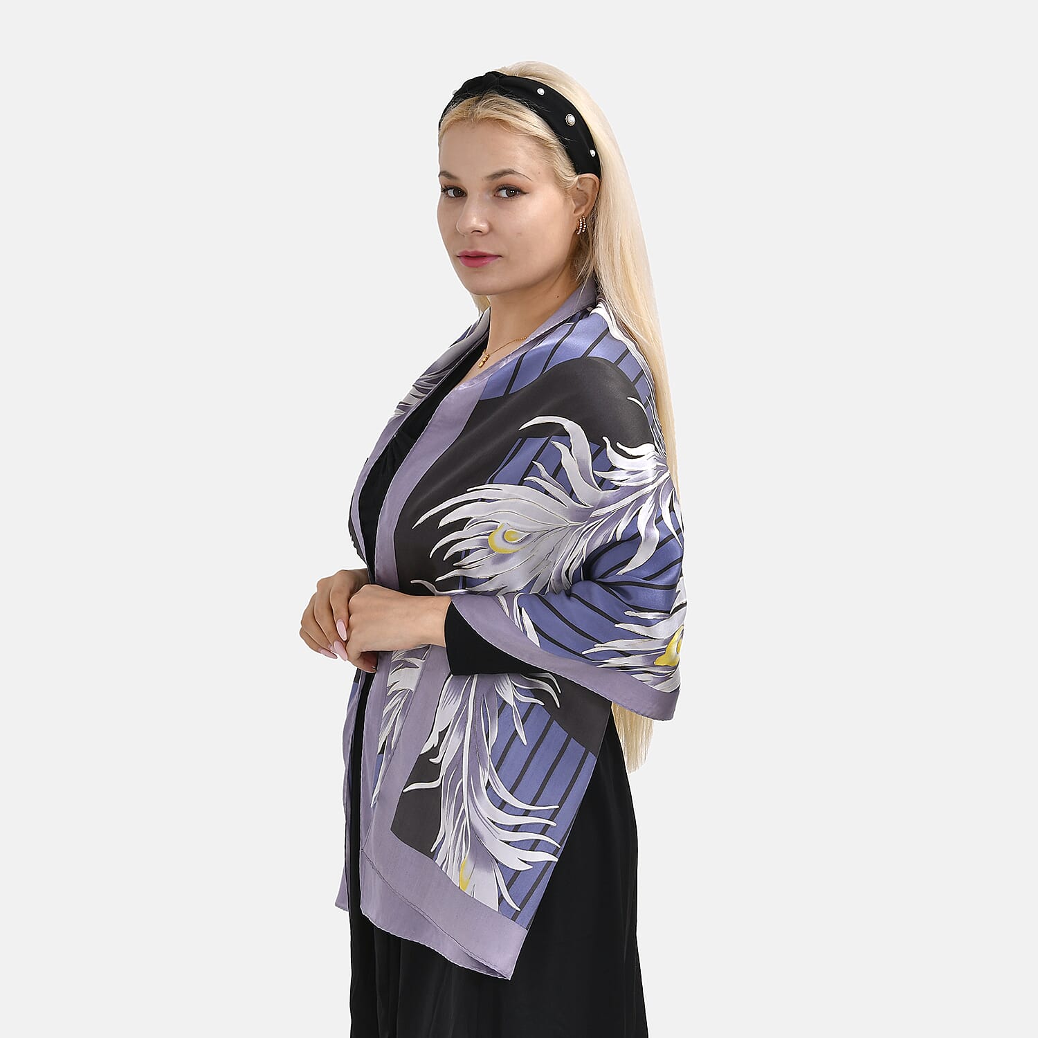 La Marey 100% Mulberry Silk Printed Scarf (Size 175x55 cm) - Purple & White