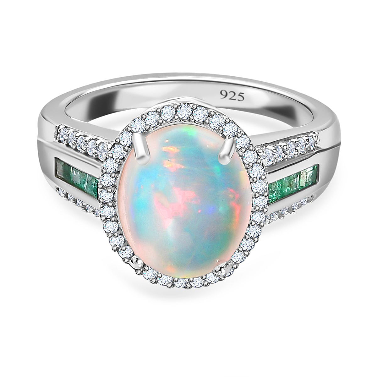Ethiopian Welo Opal, Zambian Emerald and Natural Zircon Ring in Platinum Overlay Sterling Silver 3.18 Ct.