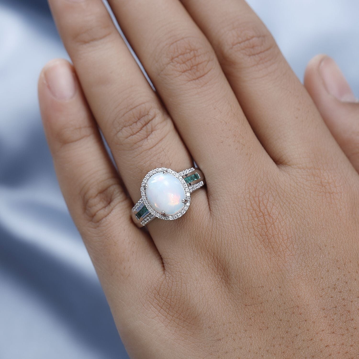 Ethiopian Welo Opal, Zambian Emerald and Natural Zircon Ring in Platinum Overlay Sterling Silver 3.18 Ct.