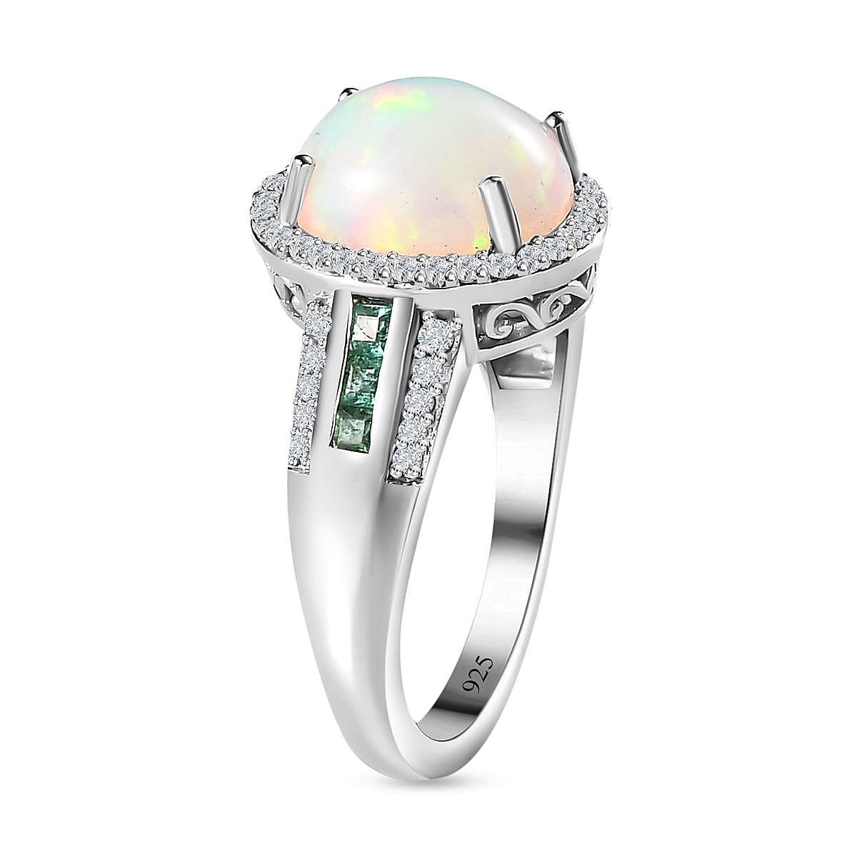 Ethiopian Welo Opal, Zambian Emerald and Natural Zircon Ring in Platinum Overlay Sterling Silver 3.18 Ct.