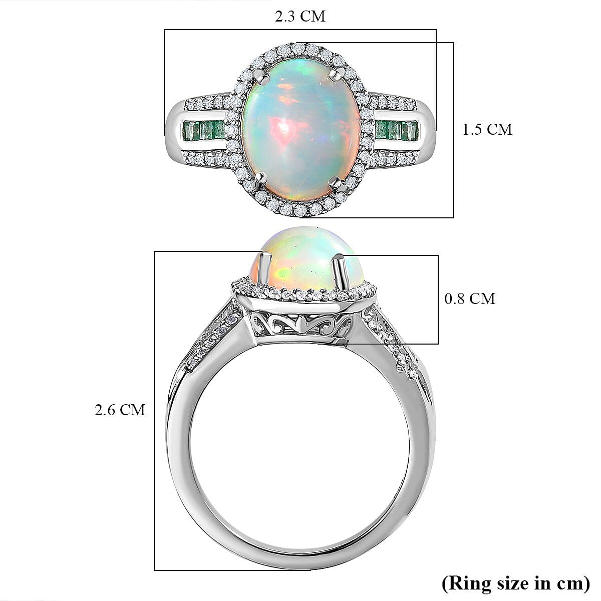 Ethiopian Welo Opal, Zambian Emerald and Natural Zircon Ring in Platinum Overlay Sterling Silver 3.18 Ct.