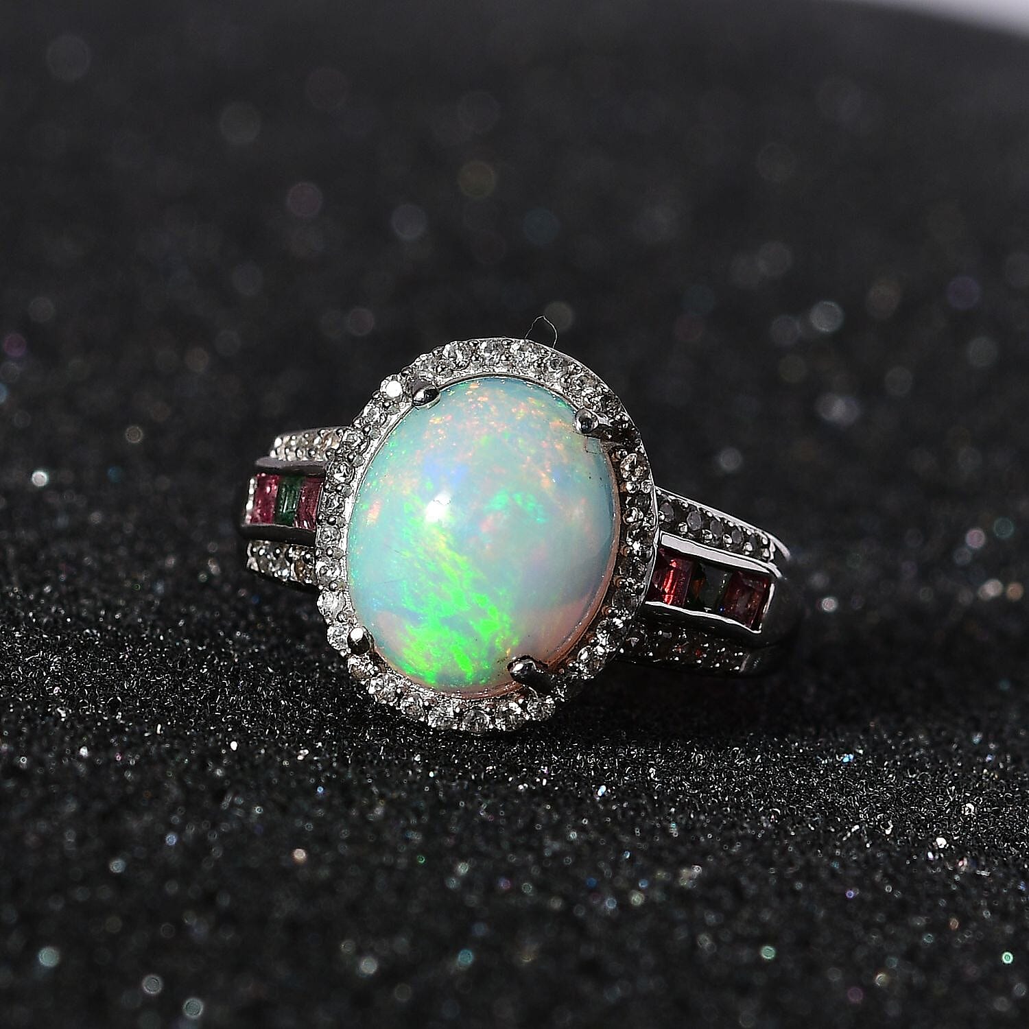 AAA Ethiopian Welo Opal, Multi Tourmaline and Natural Zircon Ring in Platinum Overlay Sterling Silver 3.05 Ct.