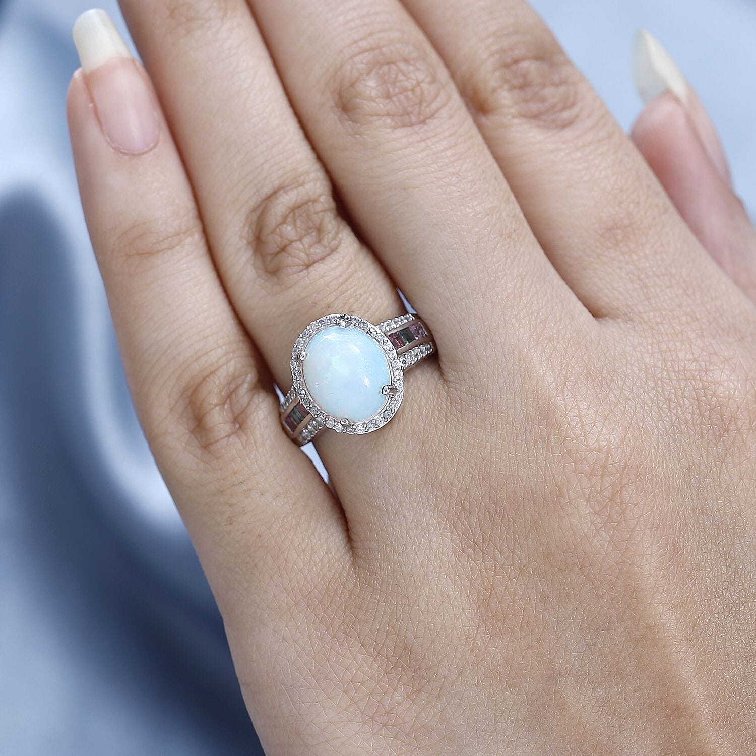 AAA Ethiopian Welo Opal, Multi Tourmaline and Natural Zircon Ring in Platinum Overlay Sterling Silver 3.05 Ct.