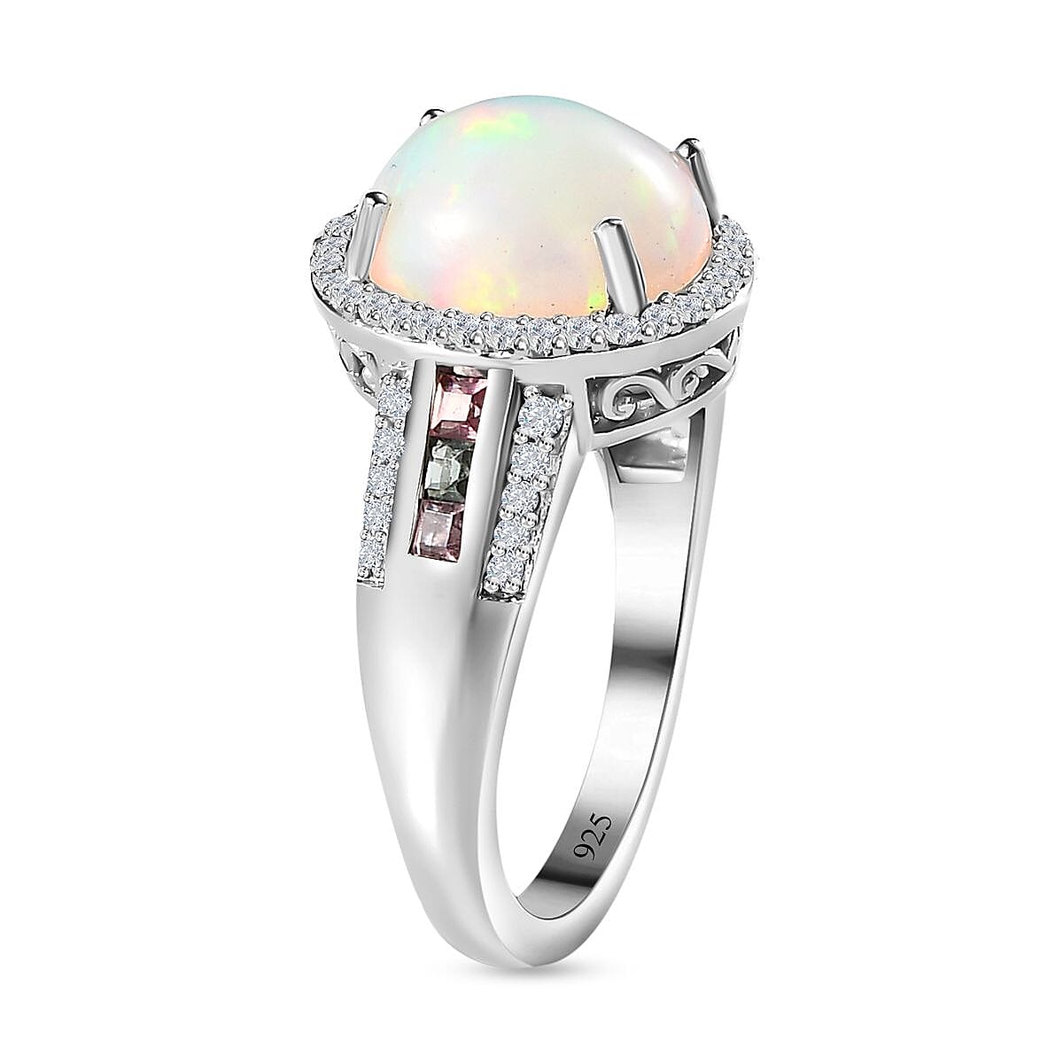 AAA Ethiopian Welo Opal, Multi Tourmaline and Natural Zircon Ring in Platinum Overlay Sterling Silver 3.05 Ct.