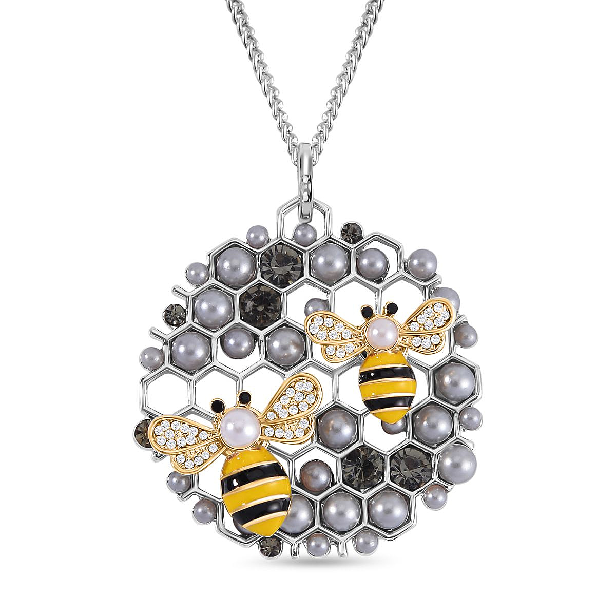 Simulated Pearl, White & Black Austrian Crystal Grey Enamelled Bee Necklace (Size - 24) in Silver Plating
