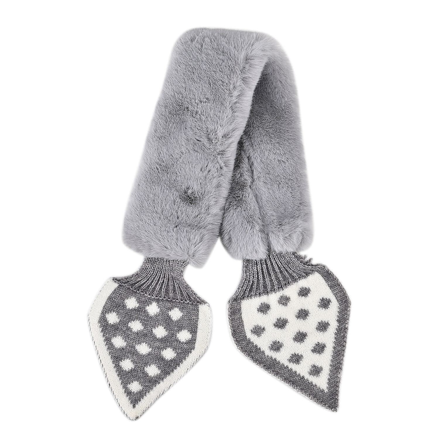 Unique Women Faux Fur Collar Scarf with Polka Dot Printed Knitted Strap (Size 80x9 cm) - Grey & White