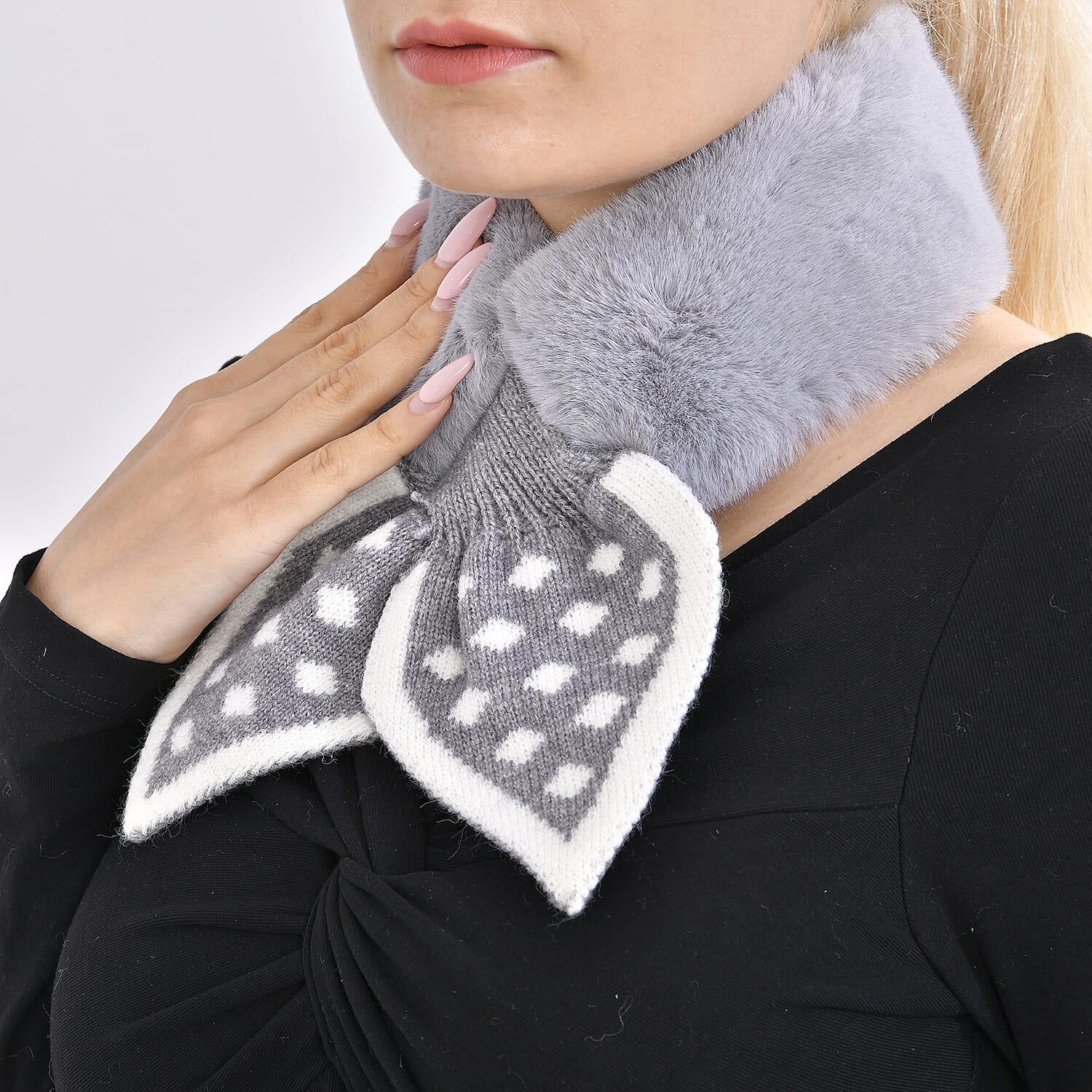 Unique Women Faux Fur Collar Scarf with Polka Dot Printed Knitted Strap (Size 80x9 cm) - Grey & White