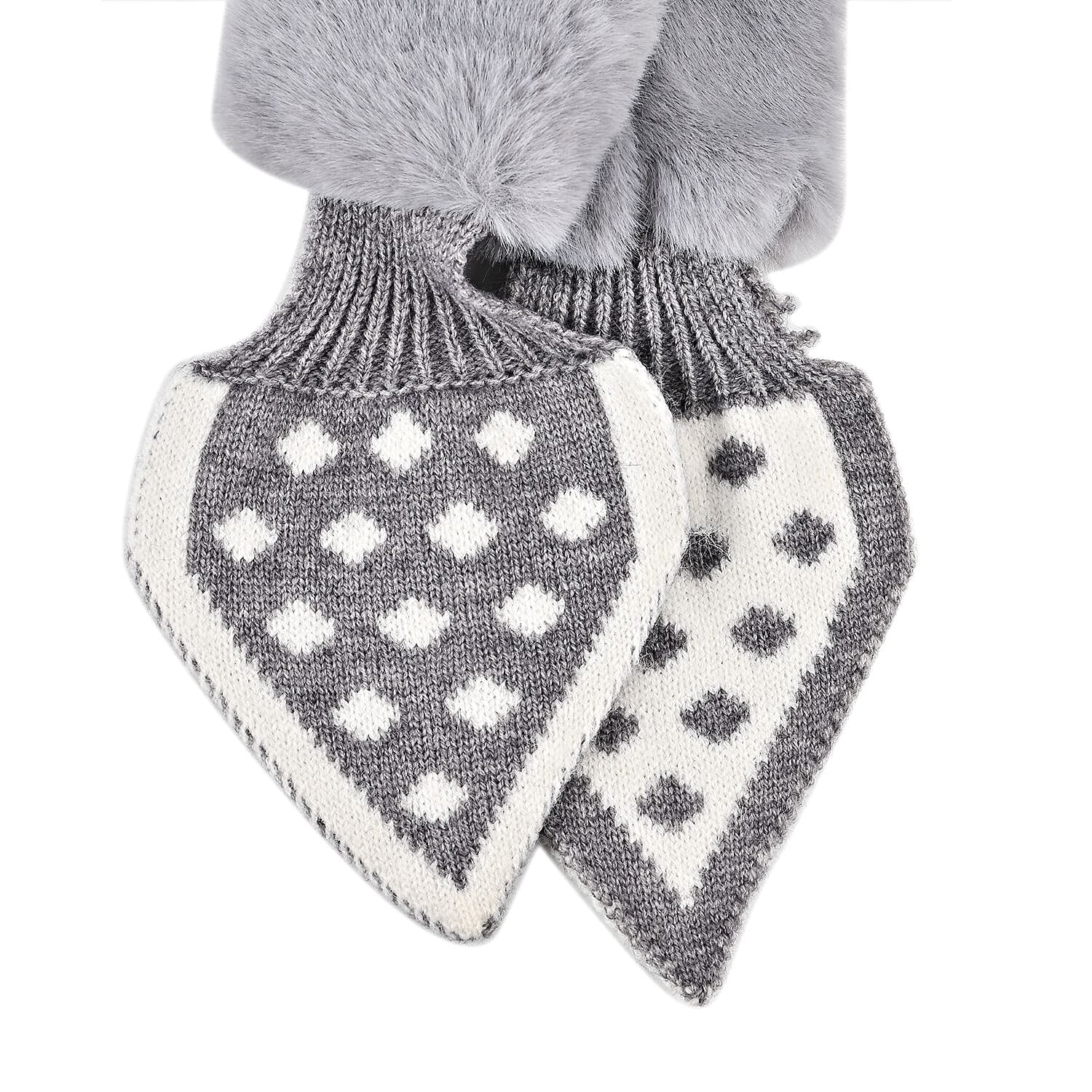 Unique Women Faux Fur Collar Scarf with Polka Dot Printed Knitted Strap (Size 80x9 cm) - Grey & White