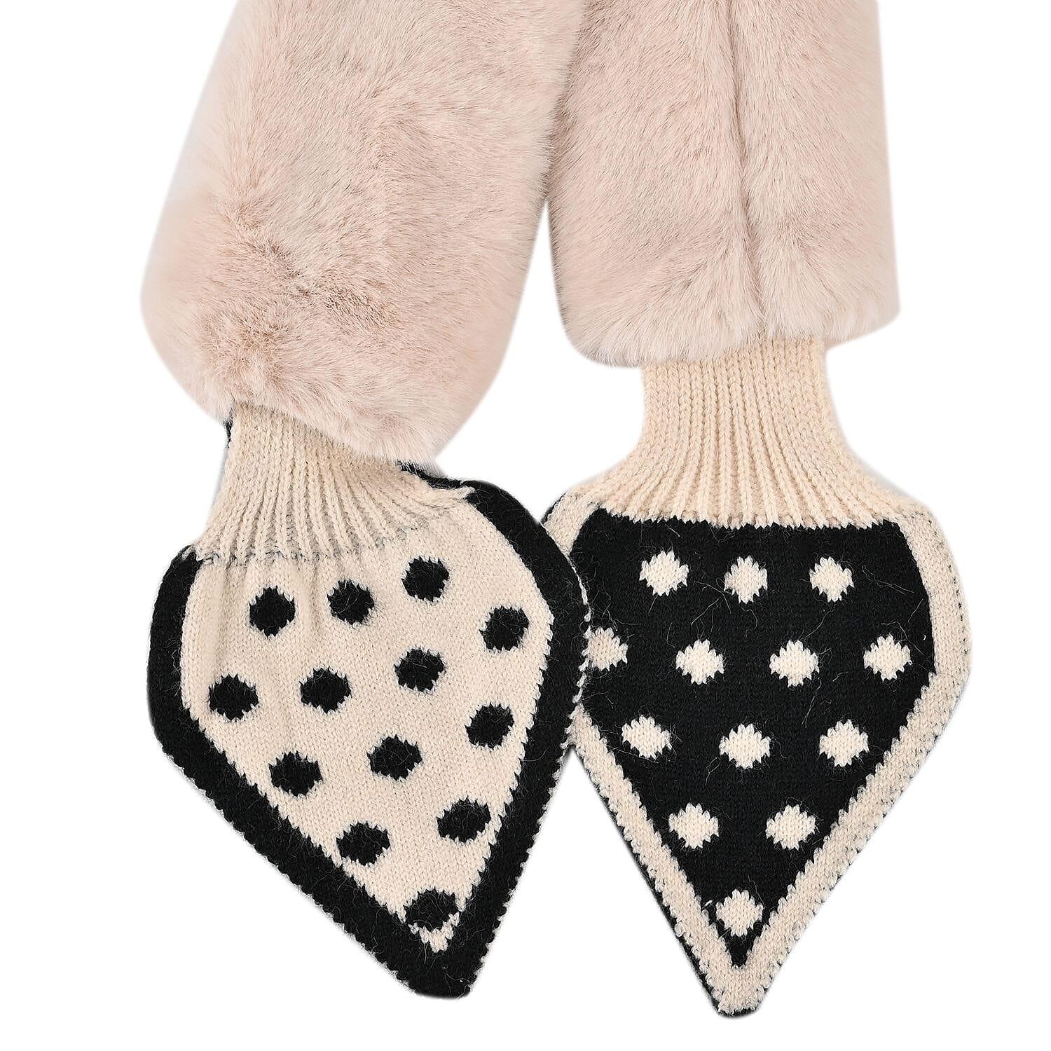 Unique Women Faux Fur Collar Scarf with Polka Dot Printed Knitted Strap (Size 80x9 cm) - Beige & Black