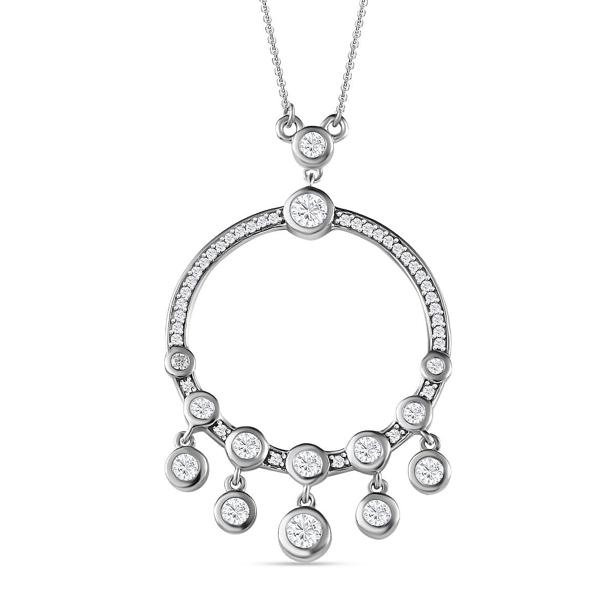 Moissanite Dangle Hoop Necklace (Size - 20) in Platinum Overlay Sterling Silver 1.96 Ct, Silver Wt 6.75 GM