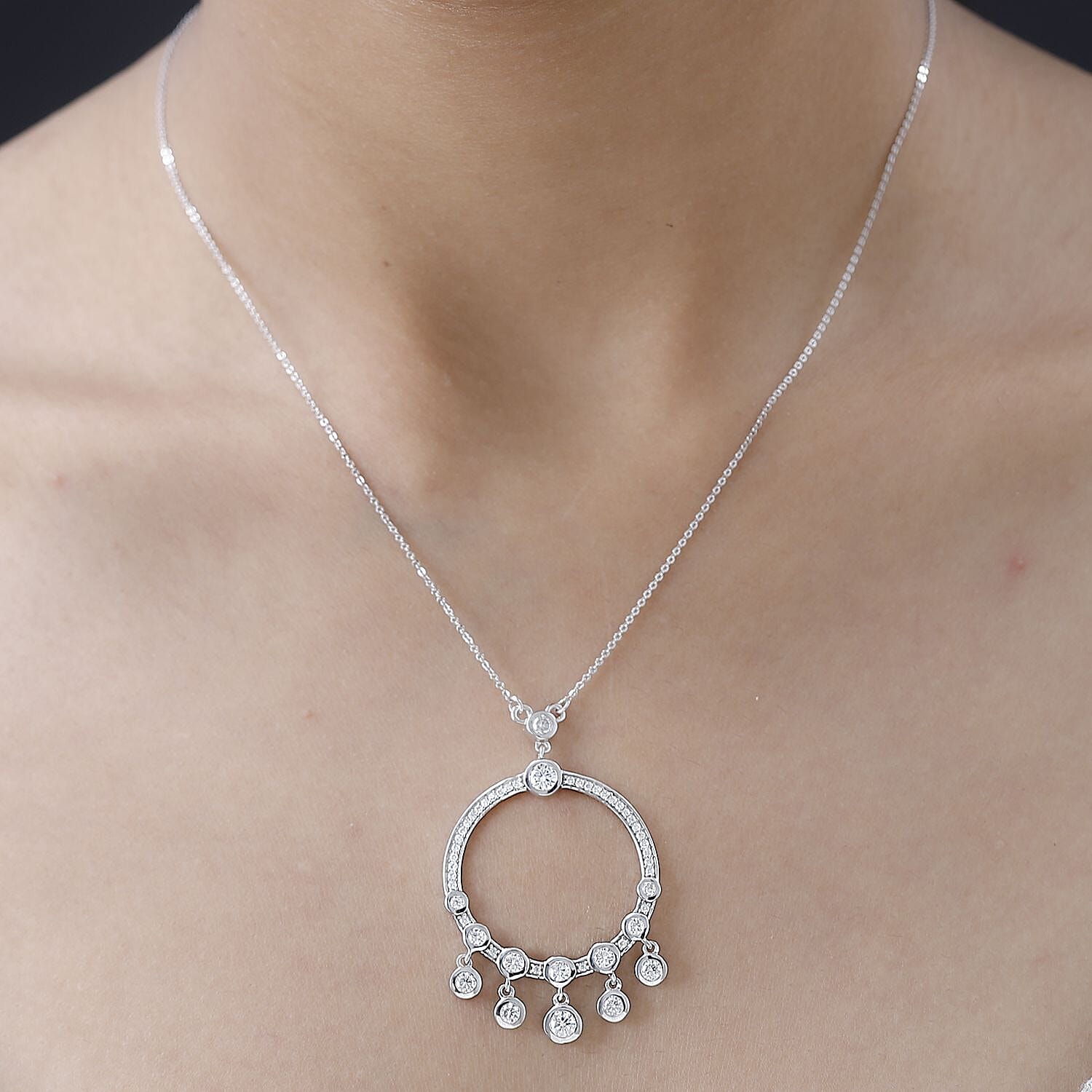 Moissanite Dangle Hoop Necklace (Size - 20) in Platinum Overlay Sterling Silver 1.96 Ct, Silver Wt 6.75 GM