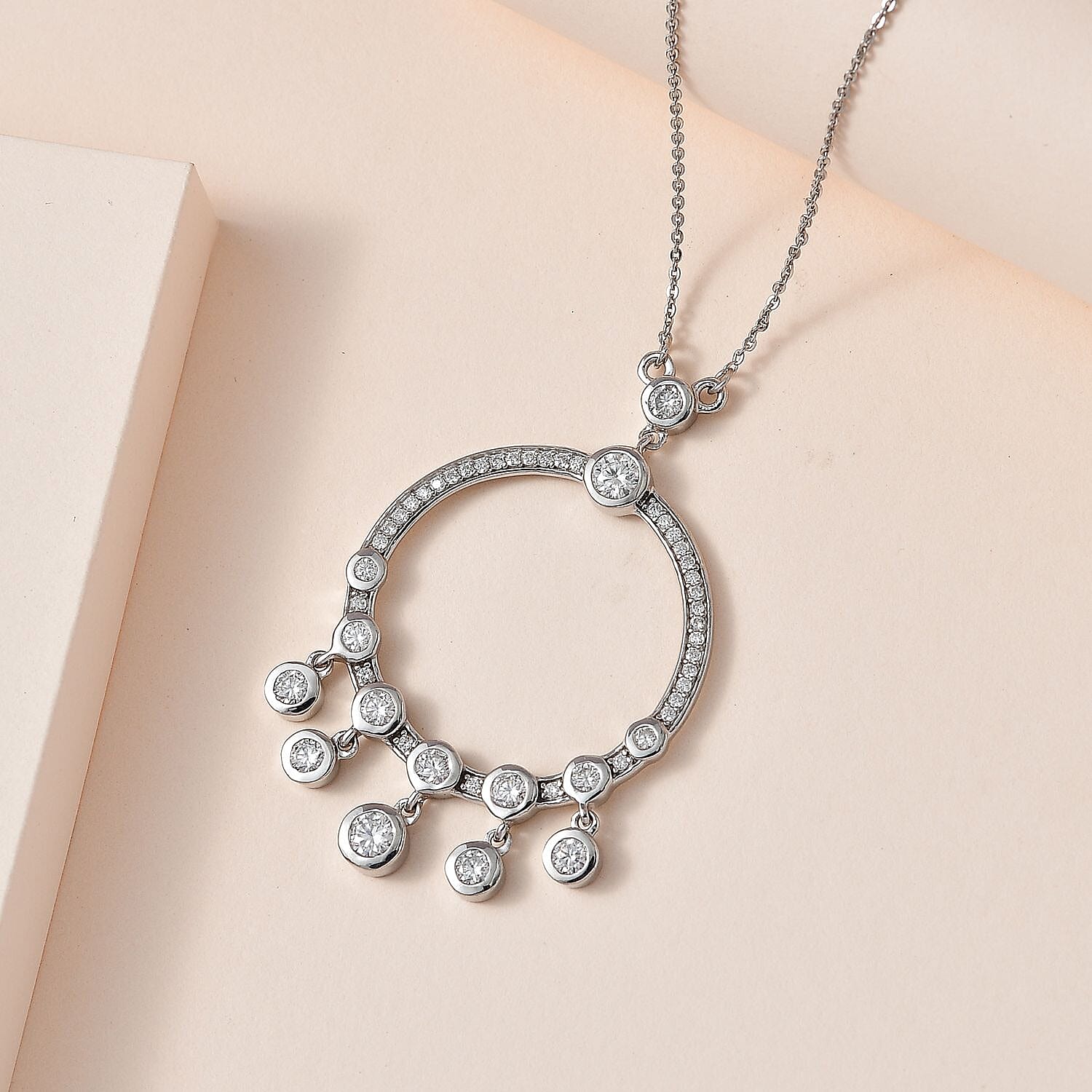 Moissanite Dangle Hoop Necklace (Size - 20) in Platinum Overlay Sterling Silver 1.96 Ct, Silver Wt 6.75 GM