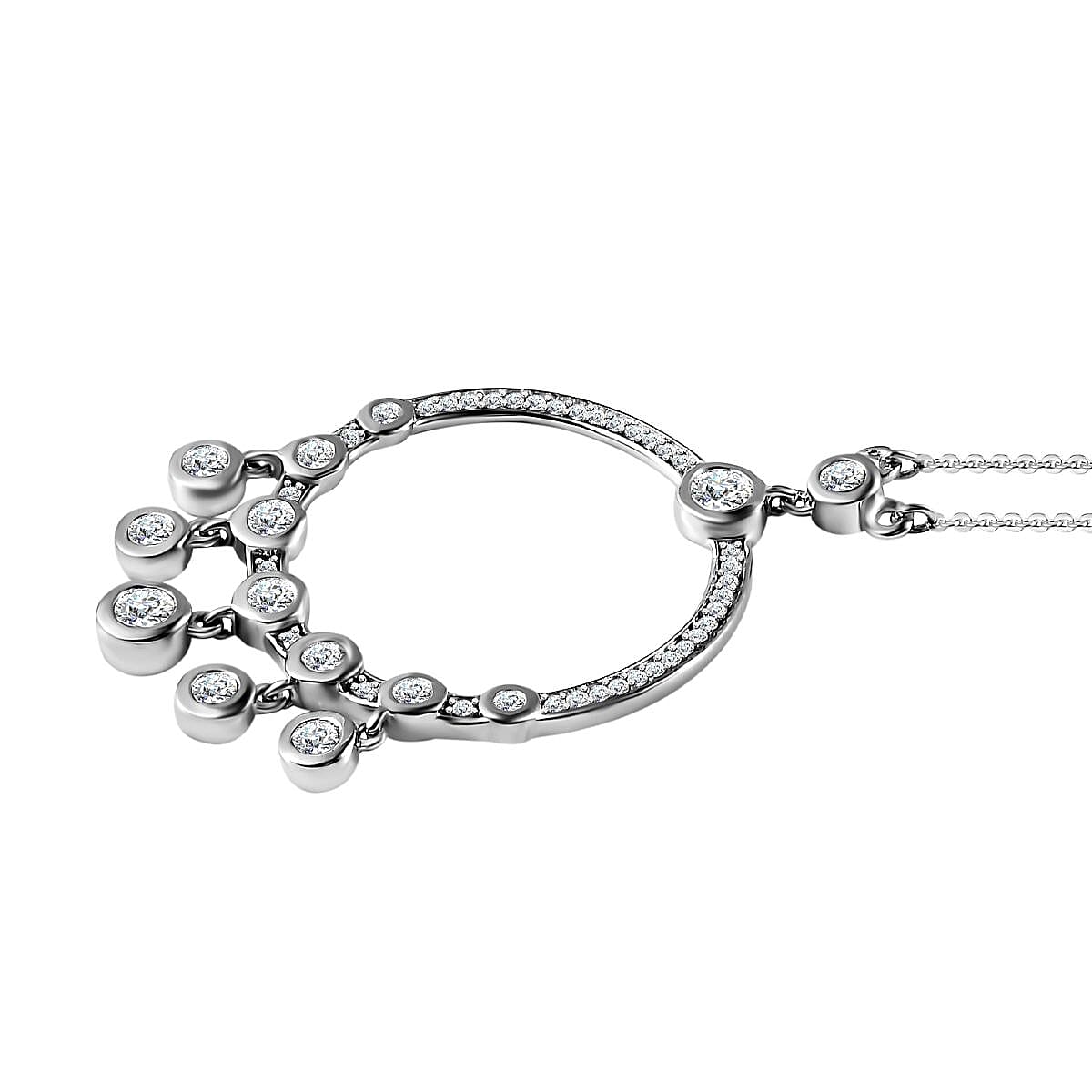 Moissanite Dangle Hoop Necklace (Size - 20) in Platinum Overlay Sterling Silver 1.96 Ct, Silver Wt 6.75 GM