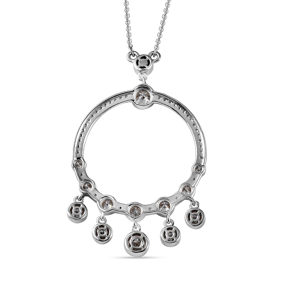 Moissanite Dangle Hoop Necklace (Size - 20) in Platinum Overlay Sterling Silver 1.96 Ct, Silver Wt 6.75 GM