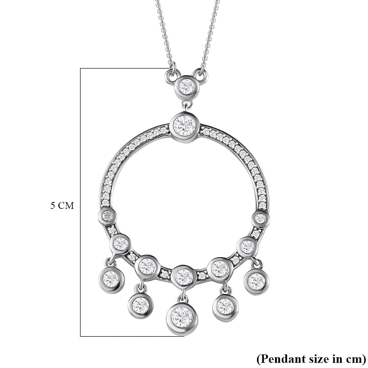 Moissanite Dangle Hoop Necklace (Size - 20) in Platinum Overlay Sterling Silver 1.96 Ct, Silver Wt 6.75 GM