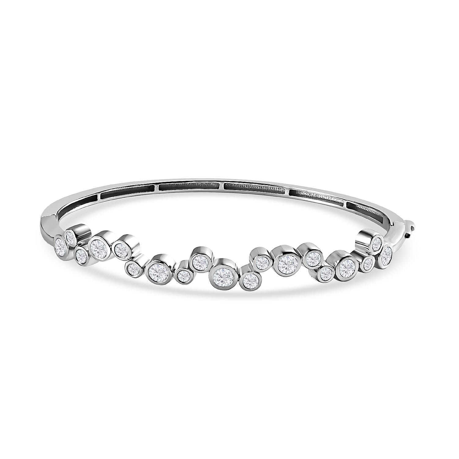 Moissanite Bangle (Size 7.5) in Platinum Overlay Sterling Silver 2.49 Ct, Silver Wt 14.14 Gms.