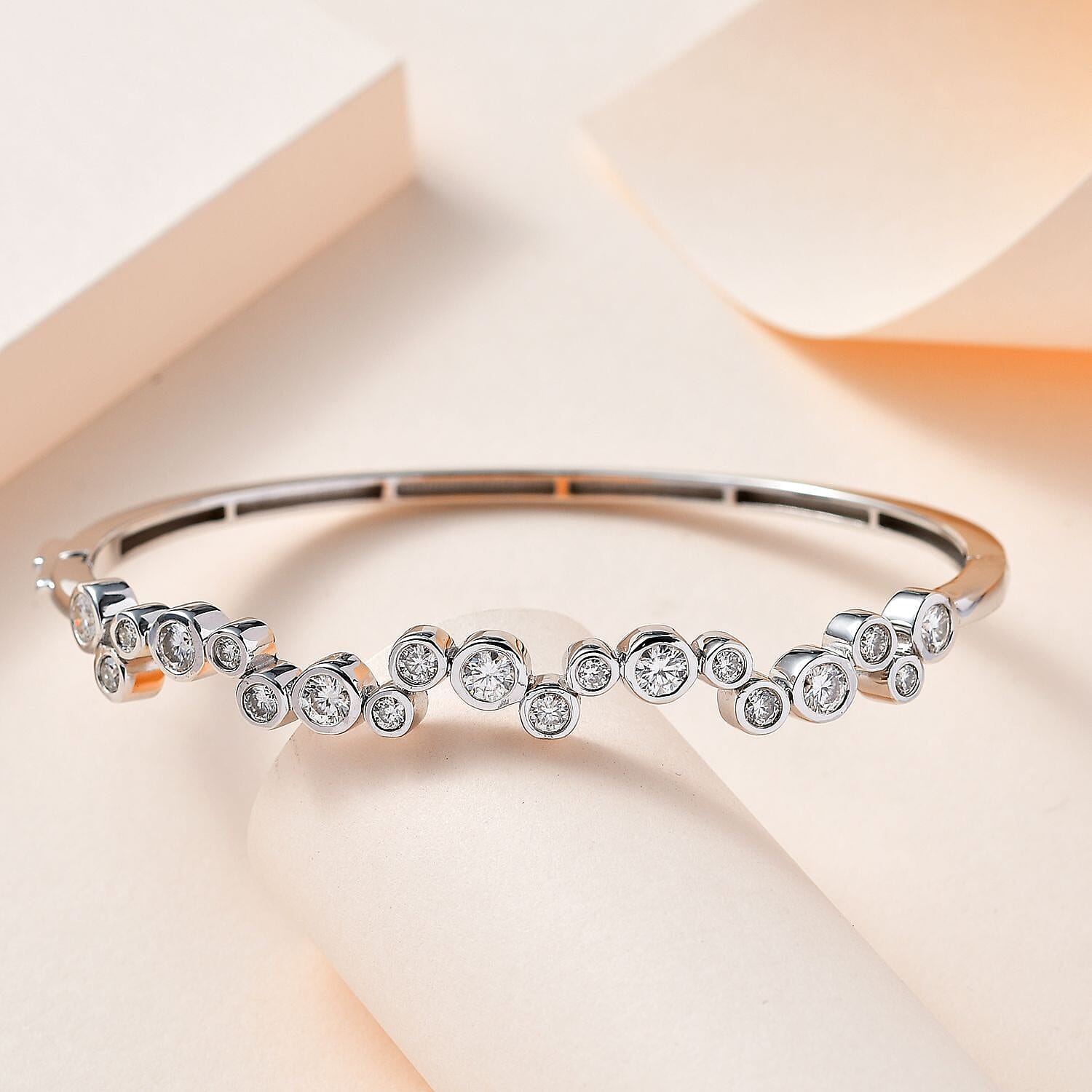 Moissanite Bangle (Size 7.5) in Platinum Overlay Sterling Silver 2.49 Ct, Silver Wt 14.14 Gms.