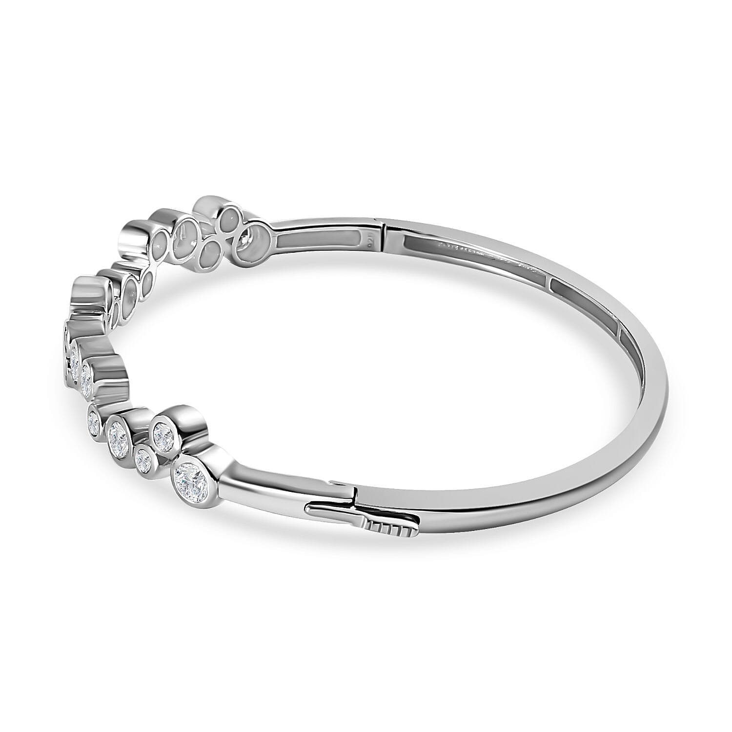 Moissanite Bangle (Size 7.5) in Platinum Overlay Sterling Silver 2.49 Ct, Silver Wt 14.14 Gms.