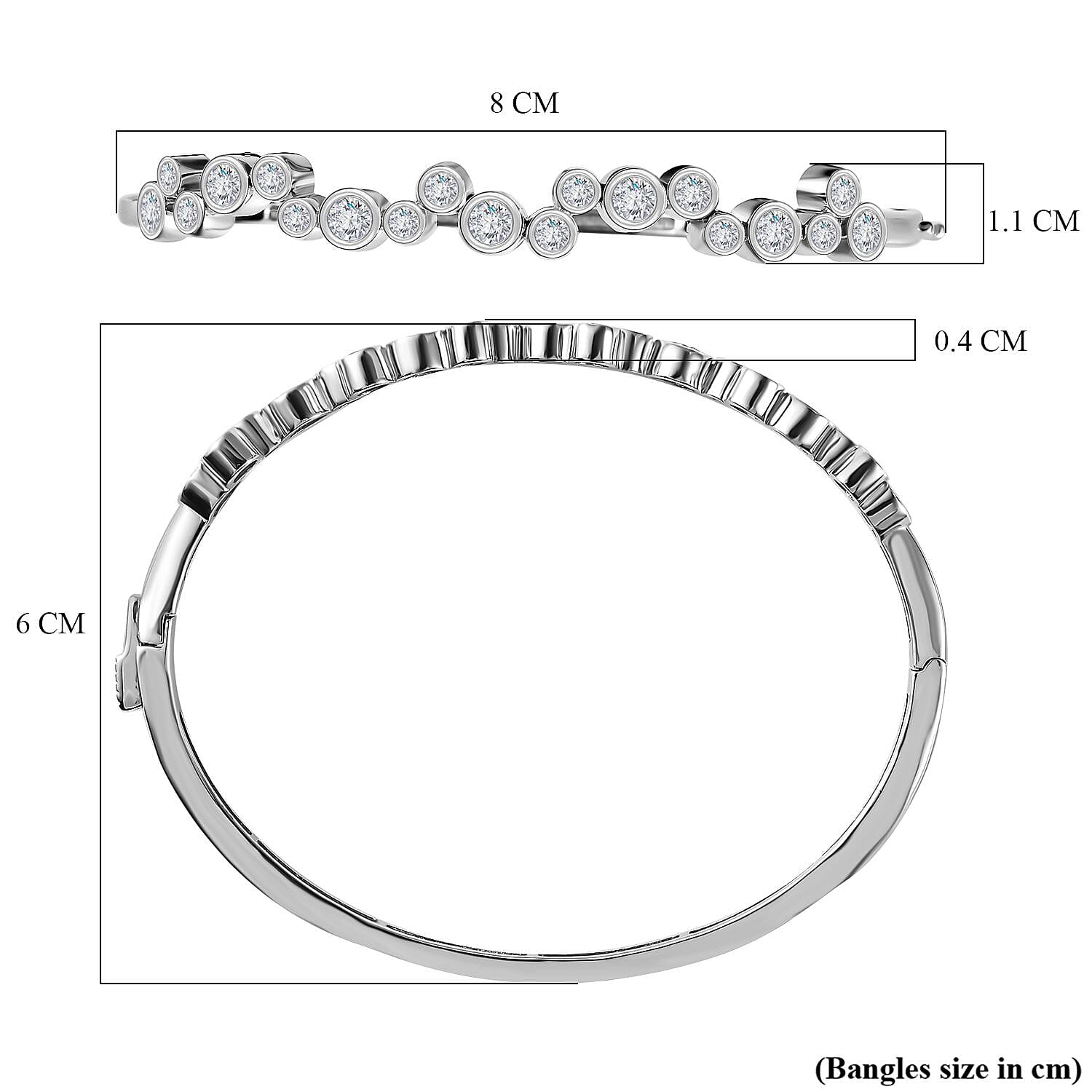 Moissanite Bangle (Size 7.5) in Platinum Overlay Sterling Silver 2.49 Ct, Silver Wt 14.14 Gms.