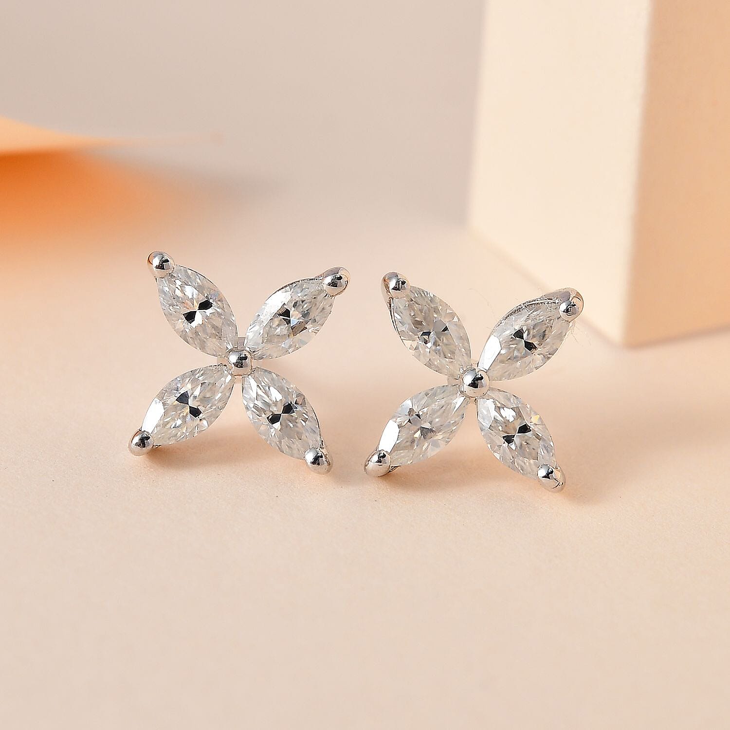Moissanite Floral Earrings in Platinum Overlay Sterling Silver 1.77 Ct.