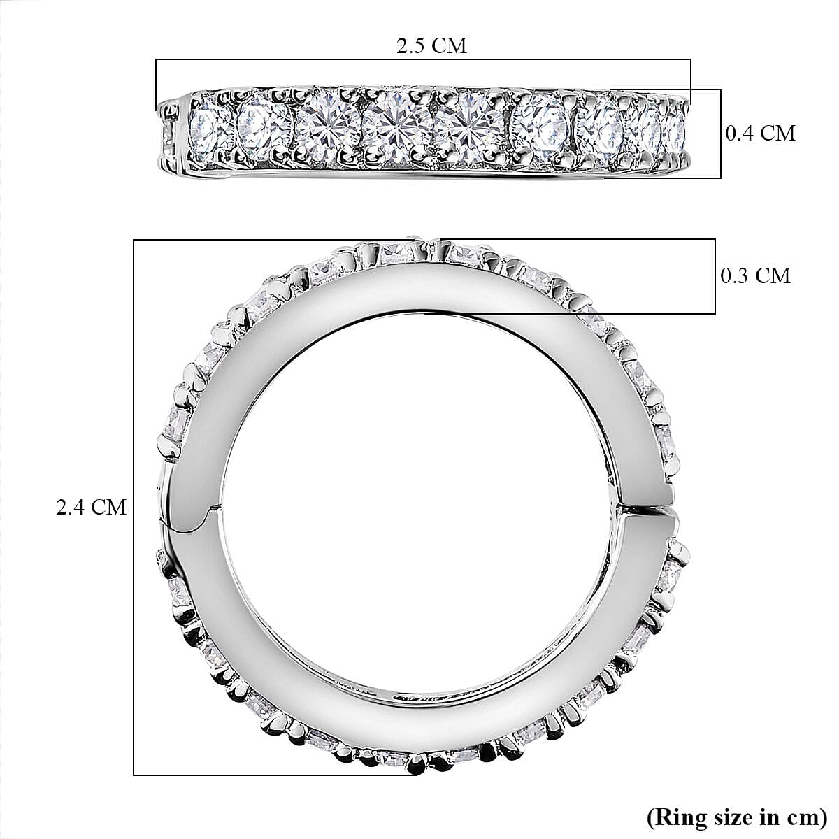 Moissanite  Band Ring in Platinum Overlay Sterling Silver 1.96 ct  1.932  Ct.