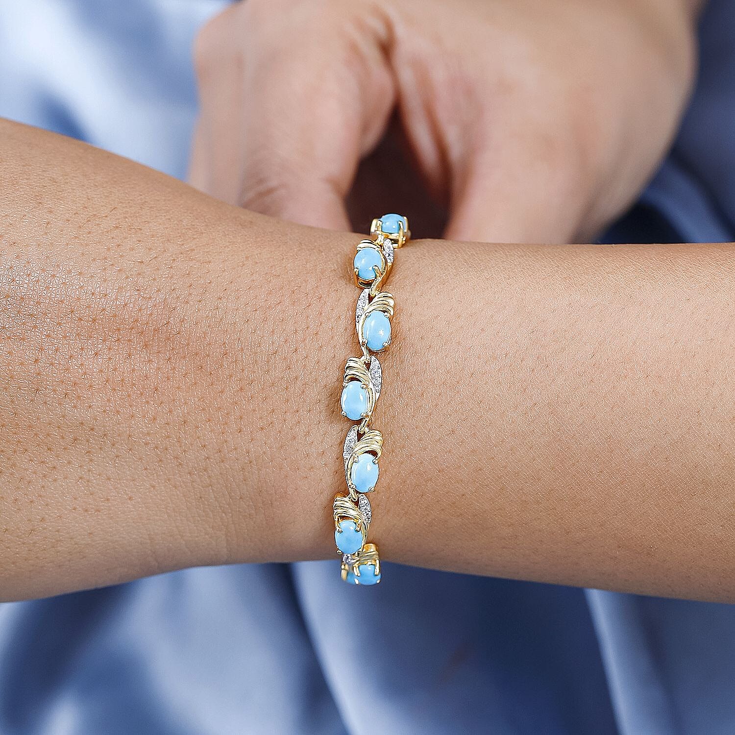 Tucson Special - Arizona Sleeping Beauty Turquoise & Natural Zircon Bracelet (Size - 8) in Vermeil YG Plated Sterling Silver 8.70 Ct, Silver Wt 12.51 GM