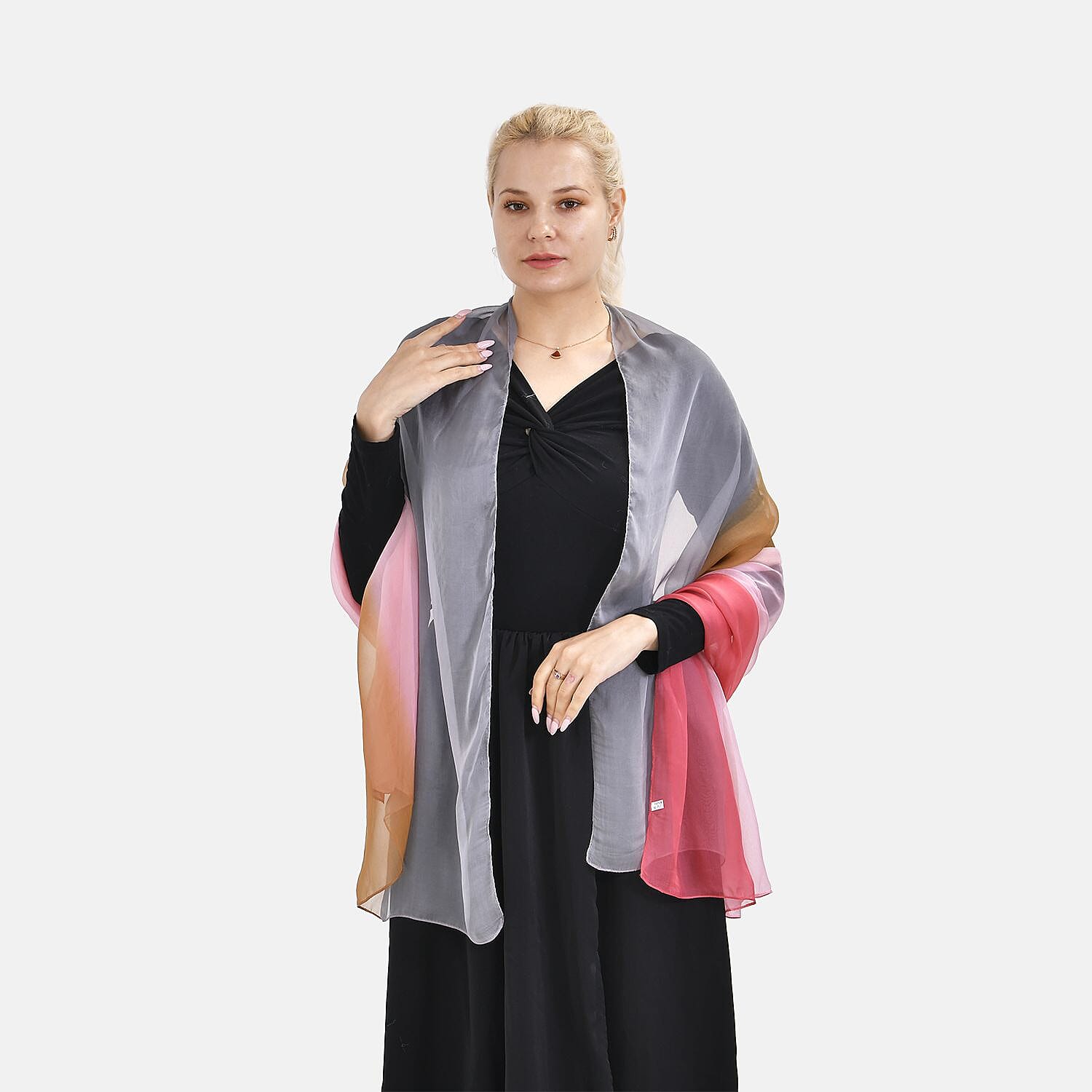 LA MAREY 100% Ombre Mulberry Silk Gradient Pattern Scarf - Pink & Red